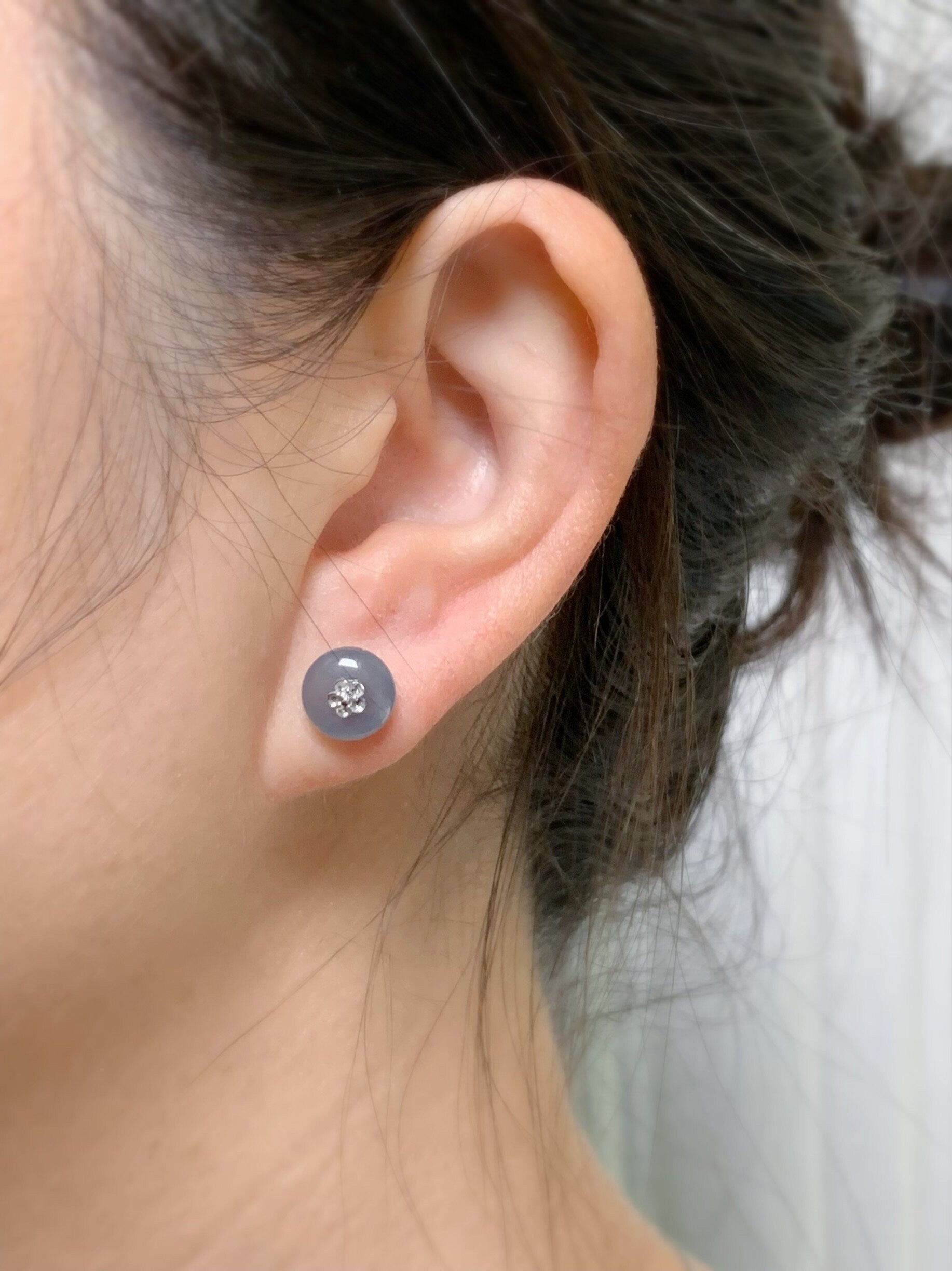 Certified Guatemalan Natural Icy Highly Translucent Light Blue Jadeite Drum Bead Stud Earrings 18K White Gold 天然冰危蓝水翡翠鼓珠Ｋ金镶嵌耳钉 1643