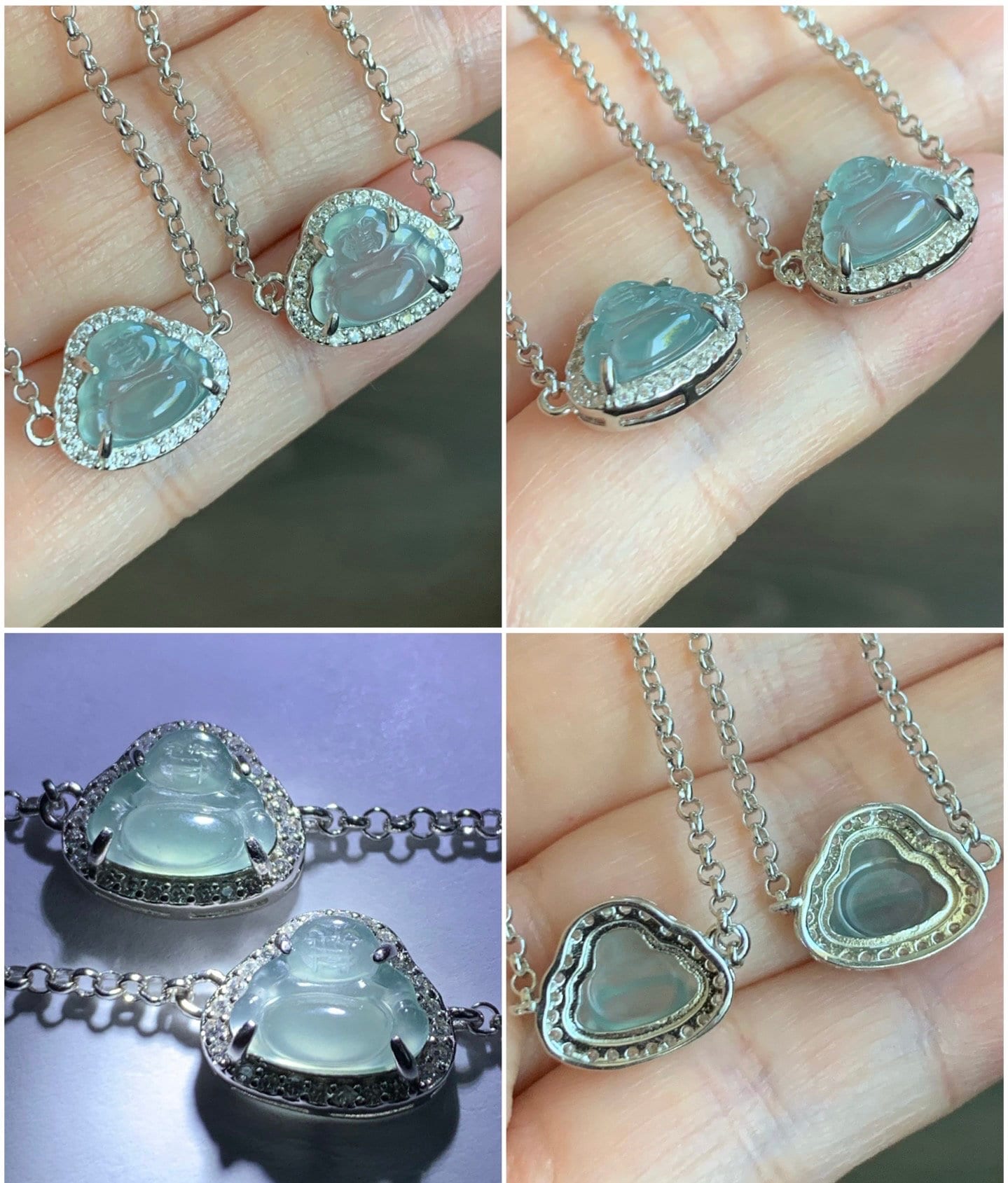 Natural Guatemalan Icy Highly Translucent Sky Blue Jadeite Buddha Rolo Chain Bracelet Sterling Silver 6.5" Adjustable 天然冰危天空蓝翡翠小佛公银镶手链