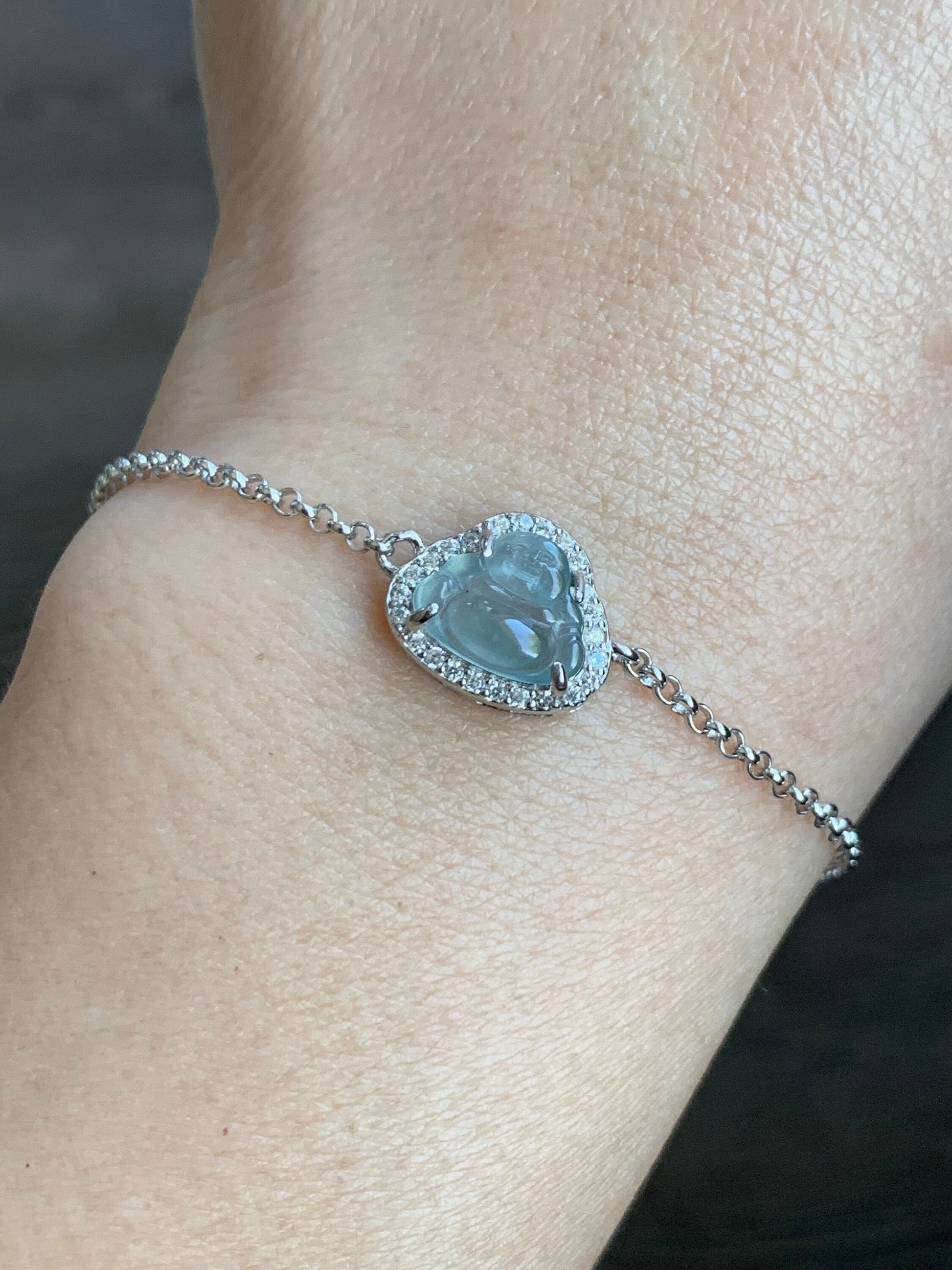 Natural Guatemalan Icy Highly Translucent Sky Blue Jadeite Buddha Rolo Chain Bracelet Sterling Silver 6.5" Adjustable 天然冰危天空蓝翡翠小佛公银镶手链