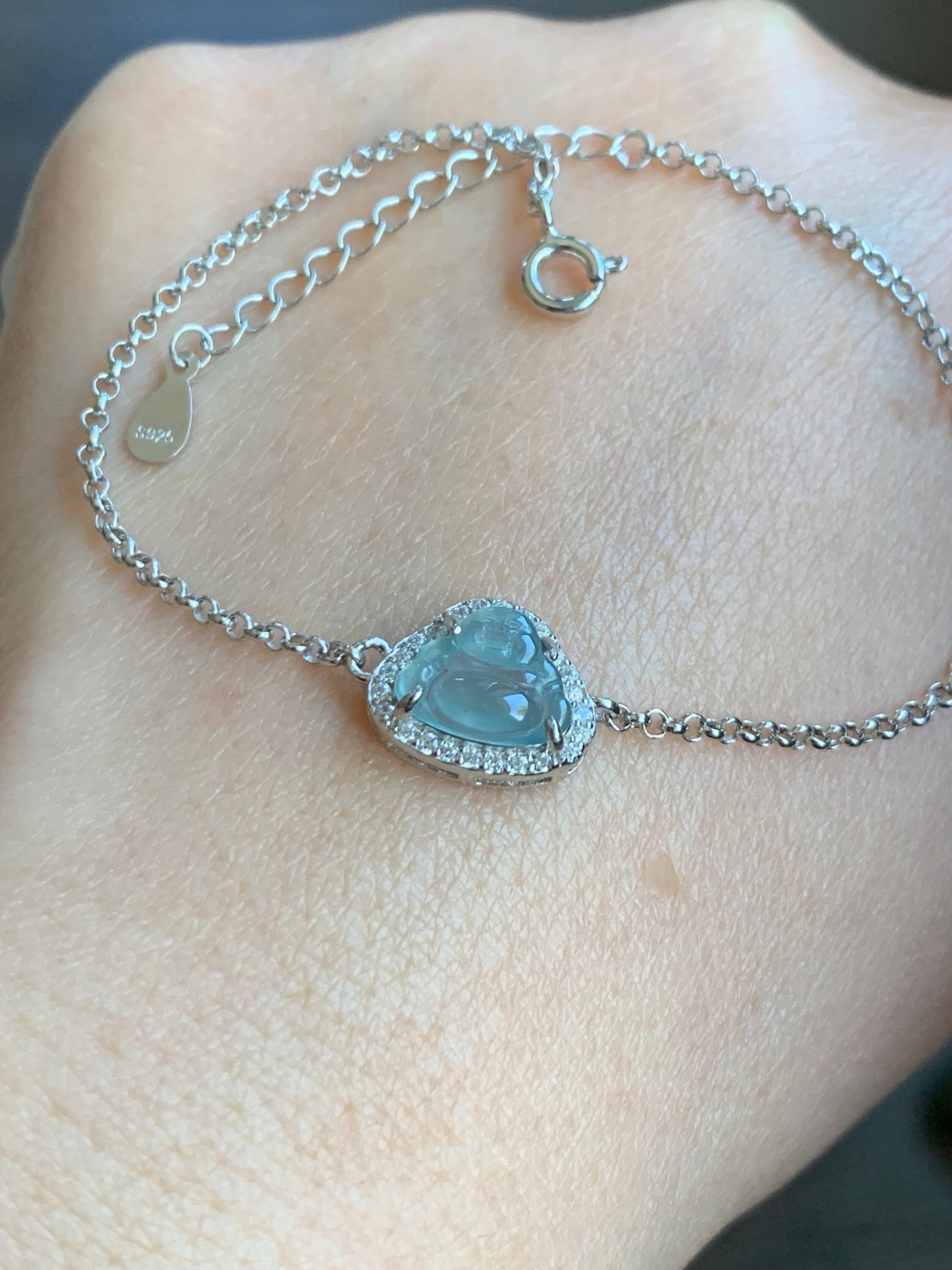 Natural Guatemalan Icy Highly Translucent Sky Blue Jadeite Buddha Rolo Chain Bracelet Sterling Silver 6.5" Adjustable 天然冰危天空蓝翡翠小佛公银镶手链