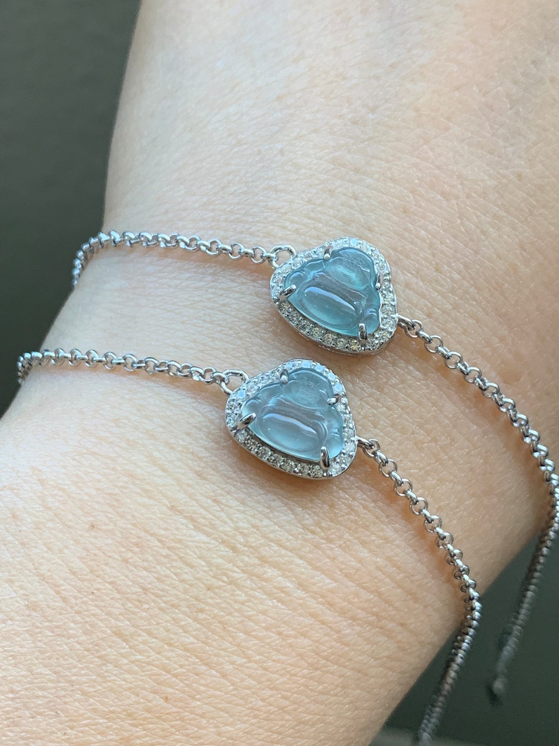 Natural Guatemalan Icy Highly Translucent Sky Blue Jadeite Buddha Rolo Chain Bracelet Sterling Silver 6.5" Adjustable 天然冰危天空蓝翡翠小佛公银镶手链