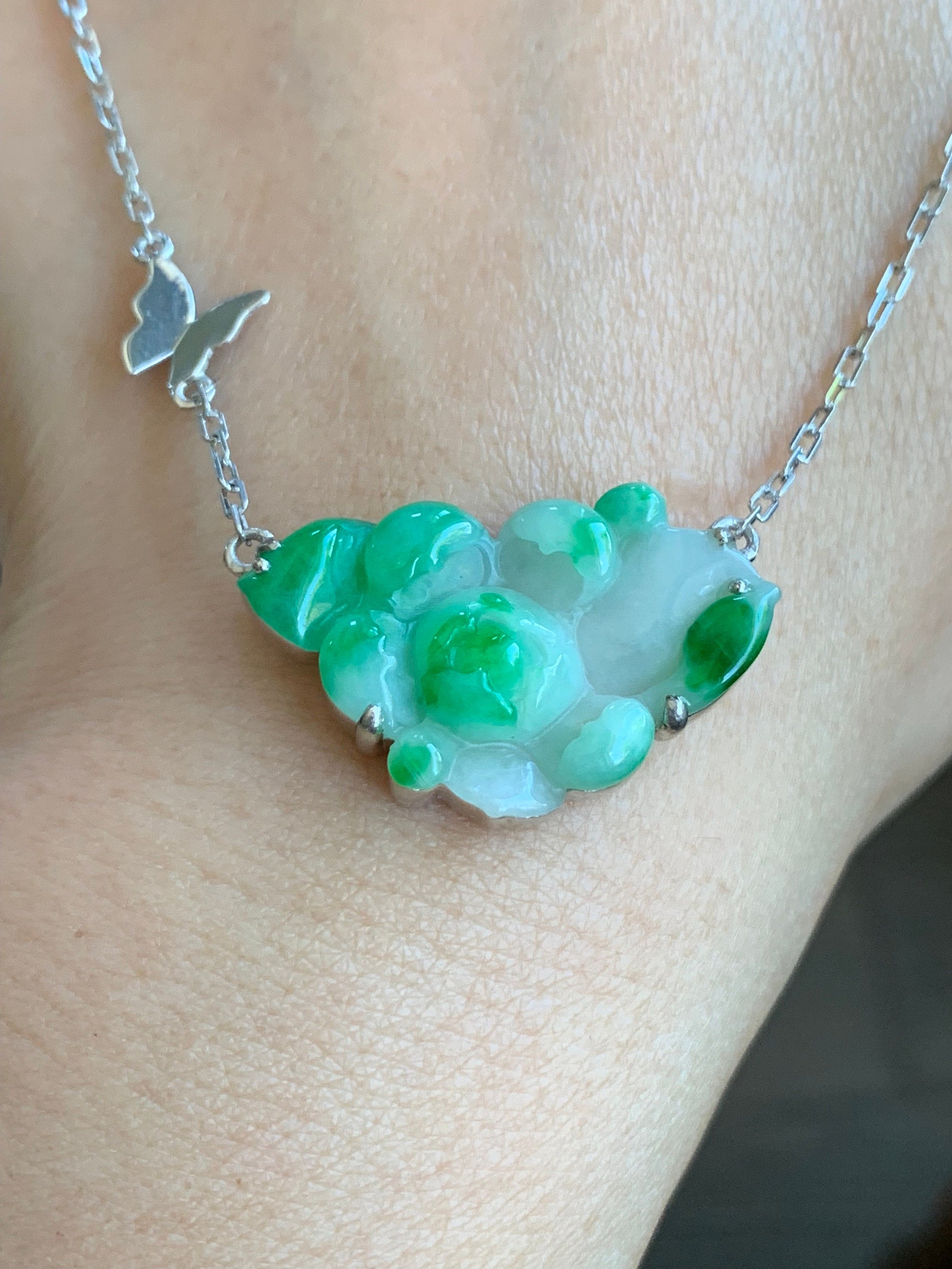 Certified Natural Burmese Grade A Icy Translucent White & Vibrant Green Jadeite Lotus Flower Necklace Sterling Silver 16” 天然缅甸白加绿翡翠莲花银镶锁骨链