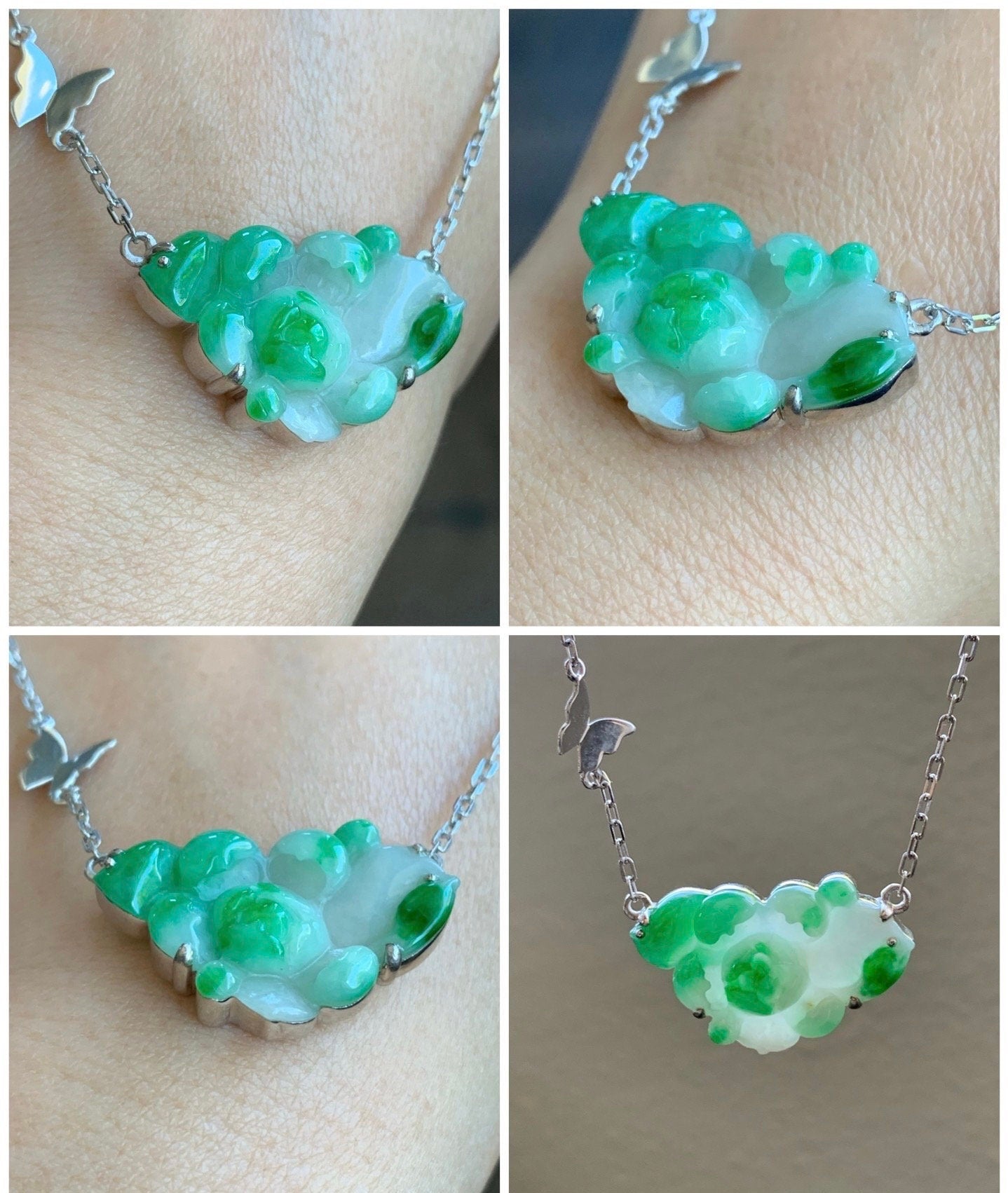 Certified Natural Burmese Grade A Icy Translucent White & Vibrant Green Jadeite Lotus Flower Necklace Sterling Silver 16” 天然缅甸白加绿翡翠莲花银镶锁骨链