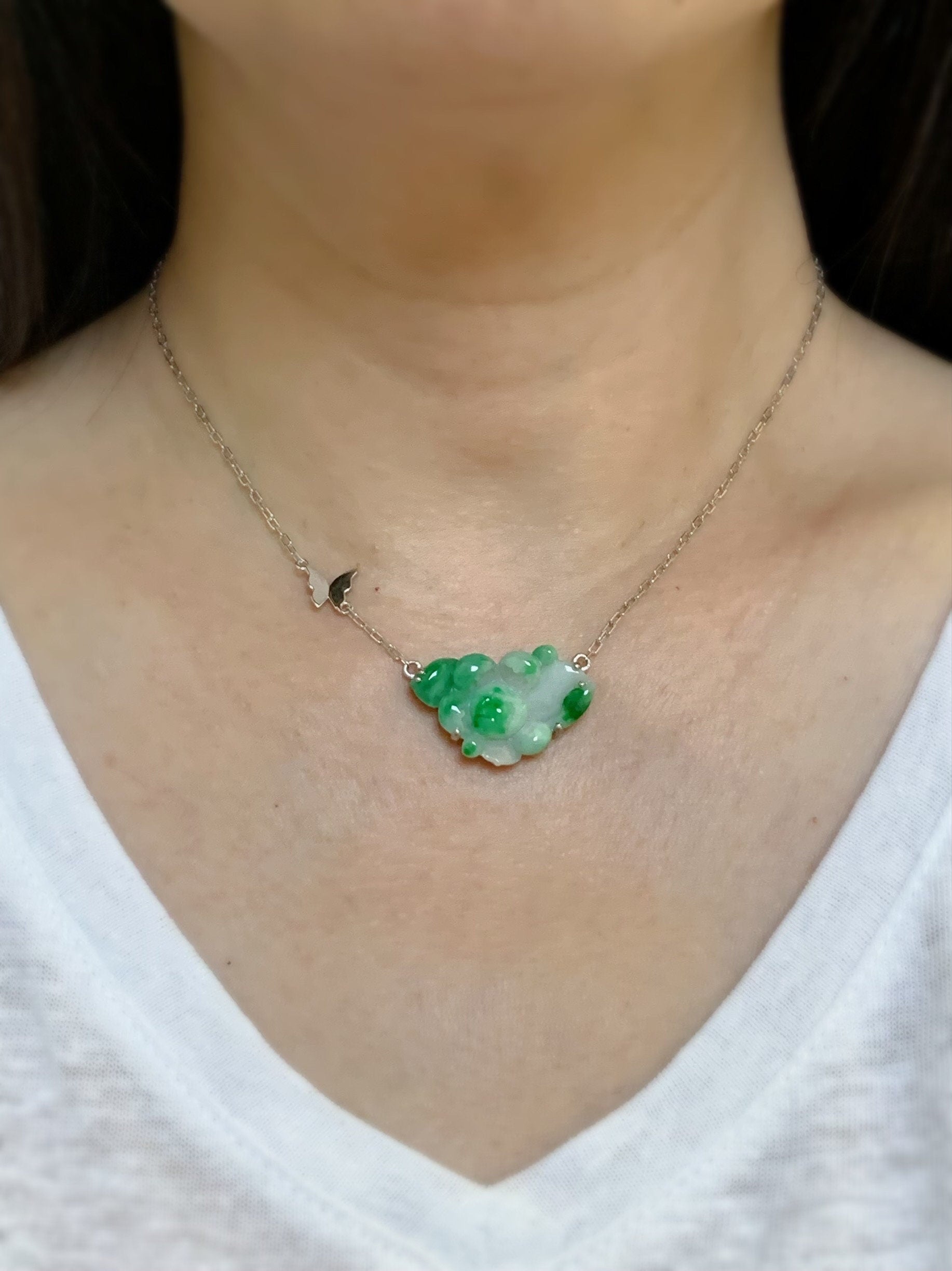 Certified Natural Burmese Grade A Icy Translucent White & Vibrant Green Jadeite Lotus Flower Necklace Sterling Silver 16” 天然缅甸白加绿翡翠莲花银镶锁骨链