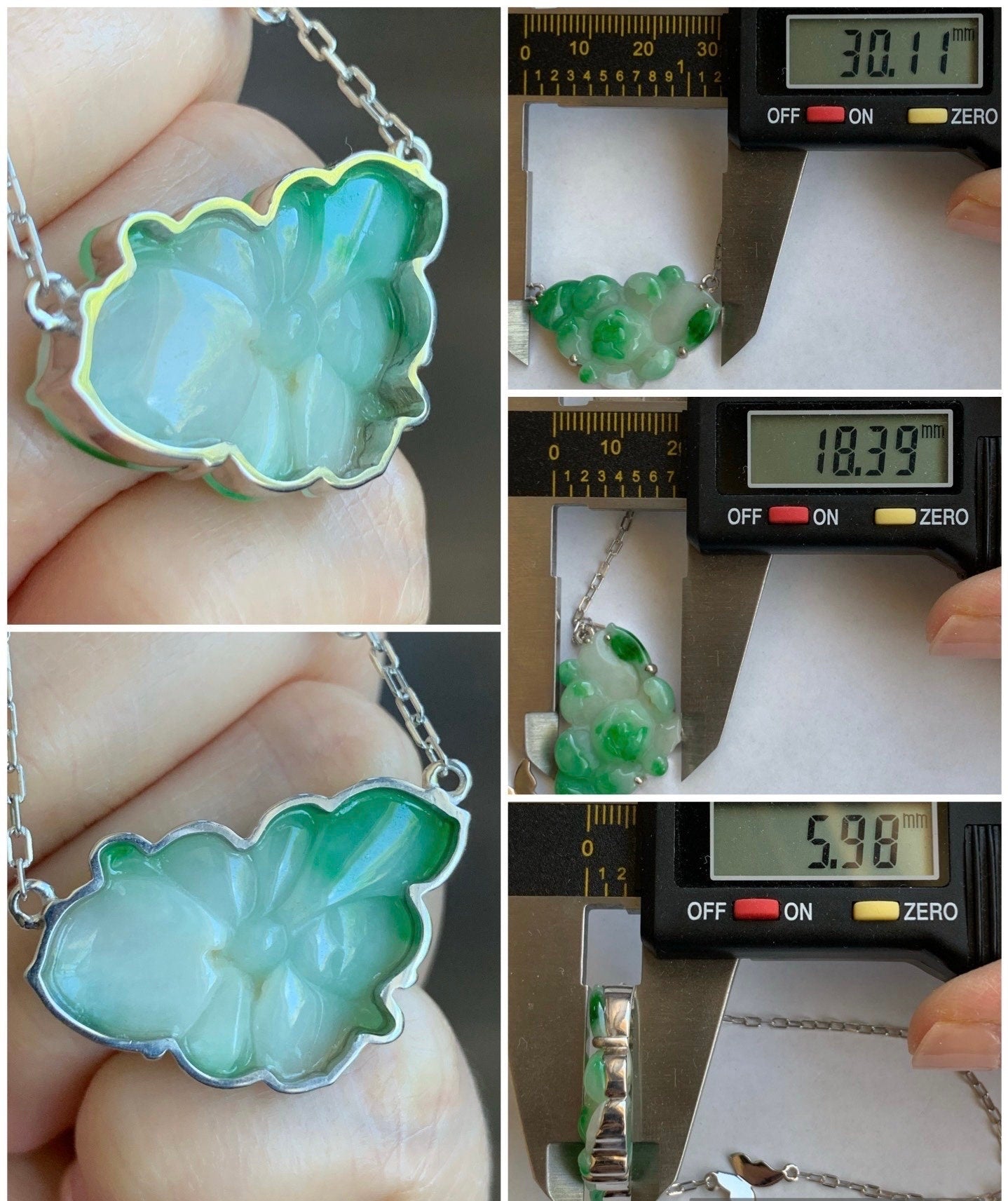Certified Natural Burmese Grade A Icy Translucent White & Vibrant Green Jadeite Lotus Flower Necklace Sterling Silver 16” 天然缅甸白加绿翡翠莲花银镶锁骨链