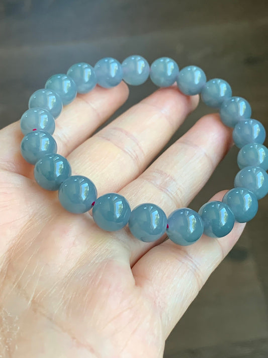 Natural Guatemalan Icy Translucent Purplish Blue Jadeite Beaded Bracelet Stretchy 9.6mm 7.25” 天然冰危蓝紫翡翠圆珠手串 LZD829
