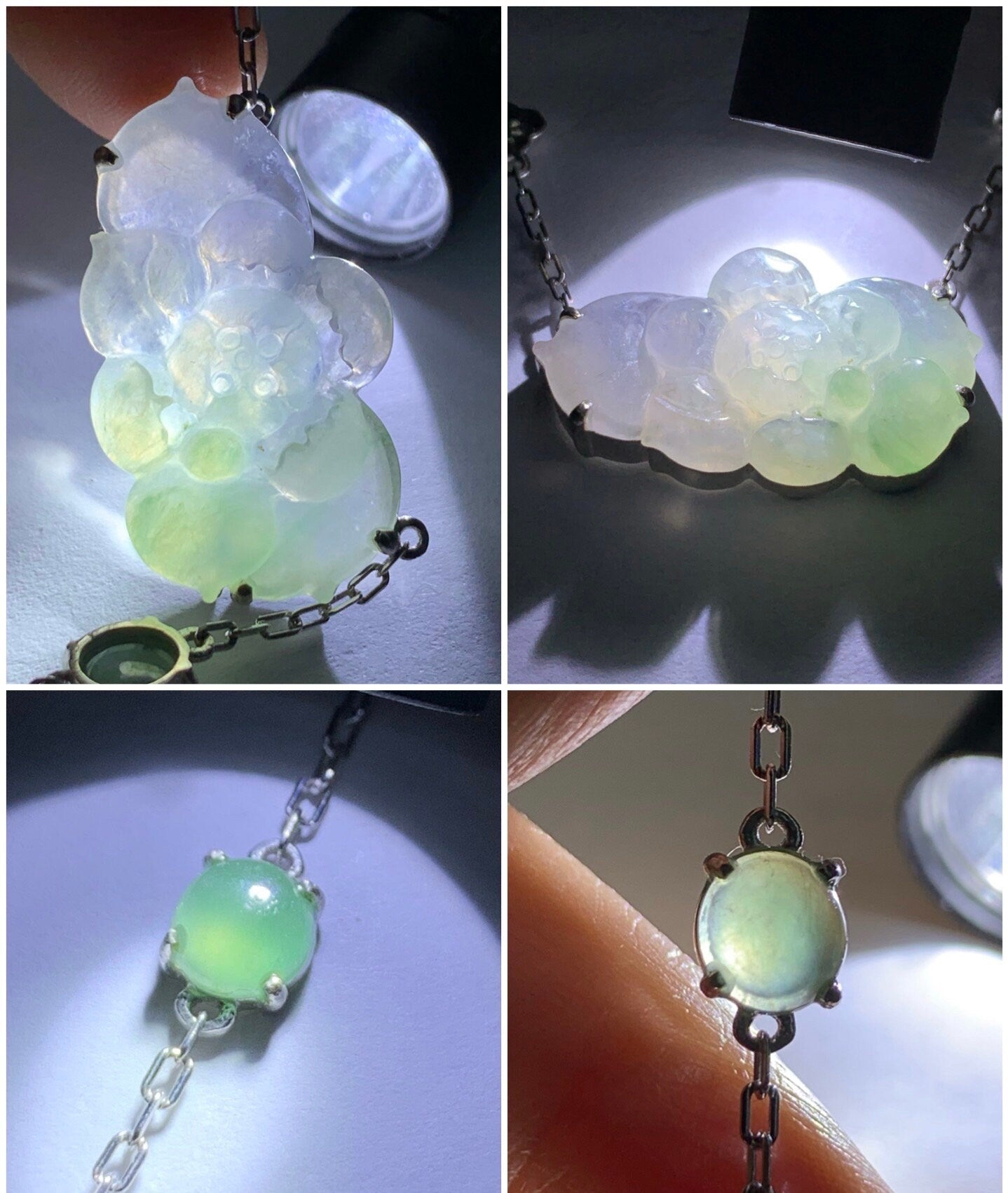 Certified Natural Burmese Grade A Icy Translucent Gelatinous Purple Green Jadeite Lotus Flower Rope Necklace Sterling Silver 天然缅甸冰春彩翡翠莲花锁骨链