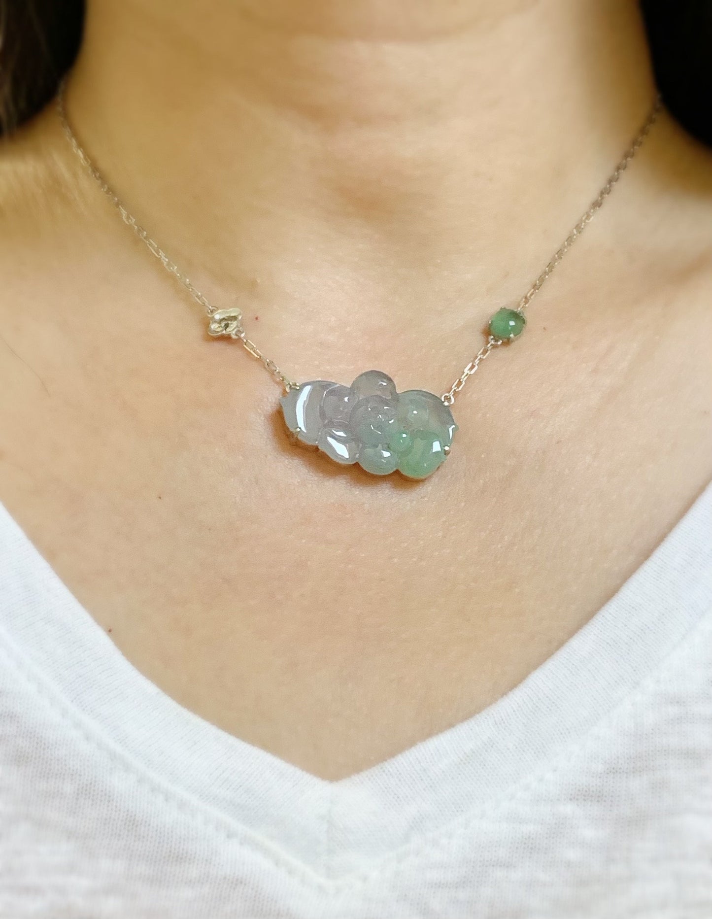 Certified Natural Burmese Grade A Icy Translucent Gelatinous Purple Green Jadeite Lotus Flower Rope Necklace Sterling Silver 天然缅甸冰春彩翡翠莲花锁骨链