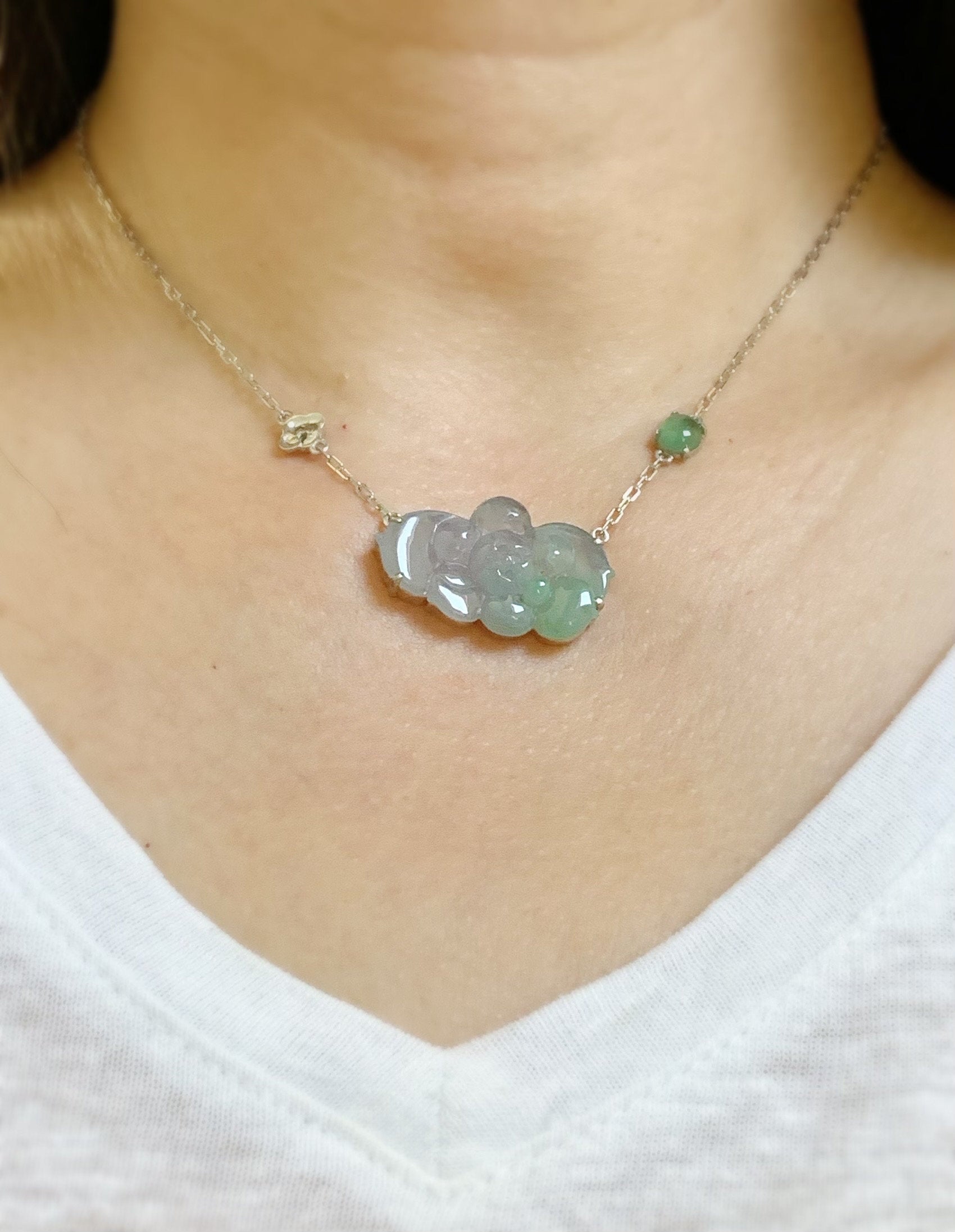 Certified Natural Burmese Grade A Icy Translucent Gelatinous Purple Green Jadeite Lotus Flower Rope Necklace Sterling Silver 天然缅甸冰春彩翡翠莲花锁骨链