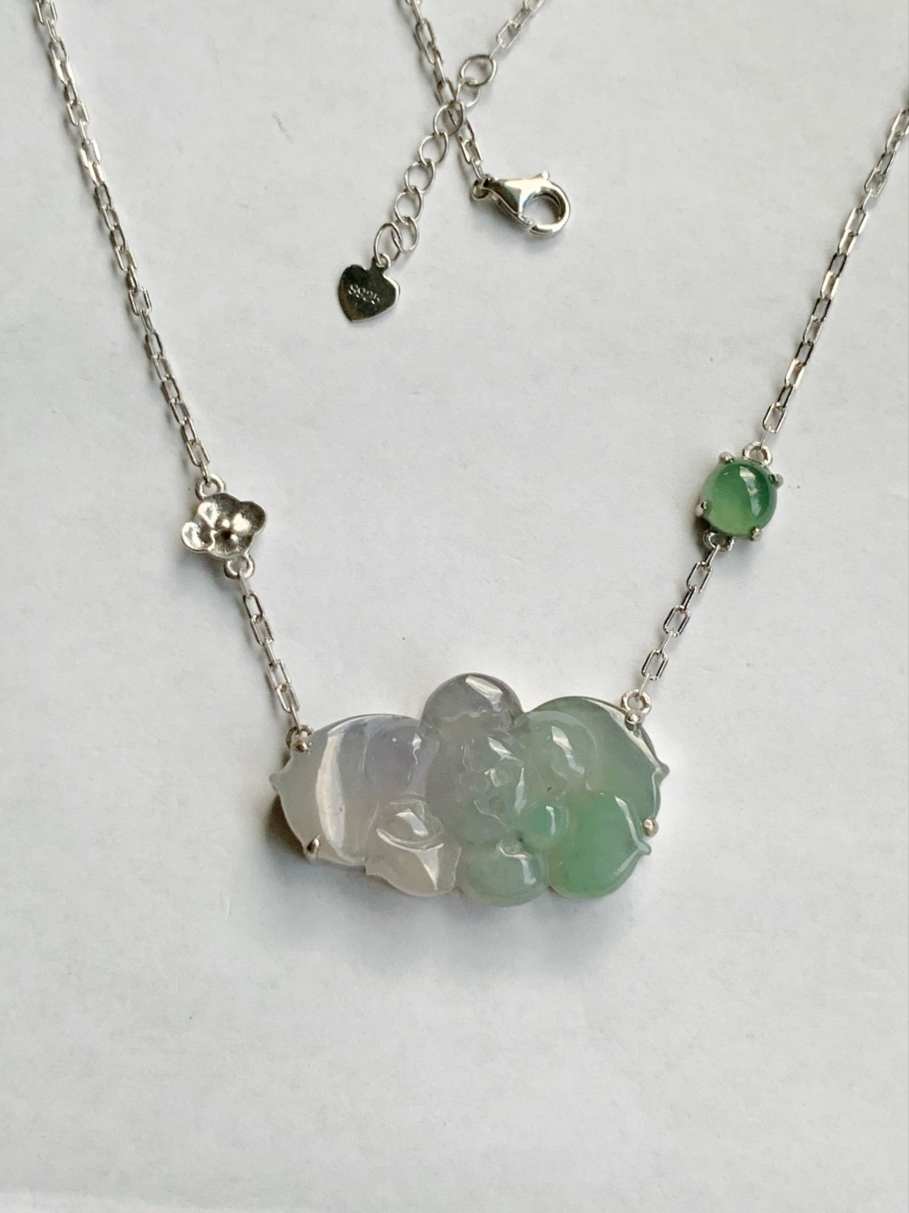 Certified Natural Burmese Grade A Icy Translucent Gelatinous Purple Green Jadeite Lotus Flower Rope Necklace Sterling Silver 天然缅甸冰春彩翡翠莲花锁骨链
