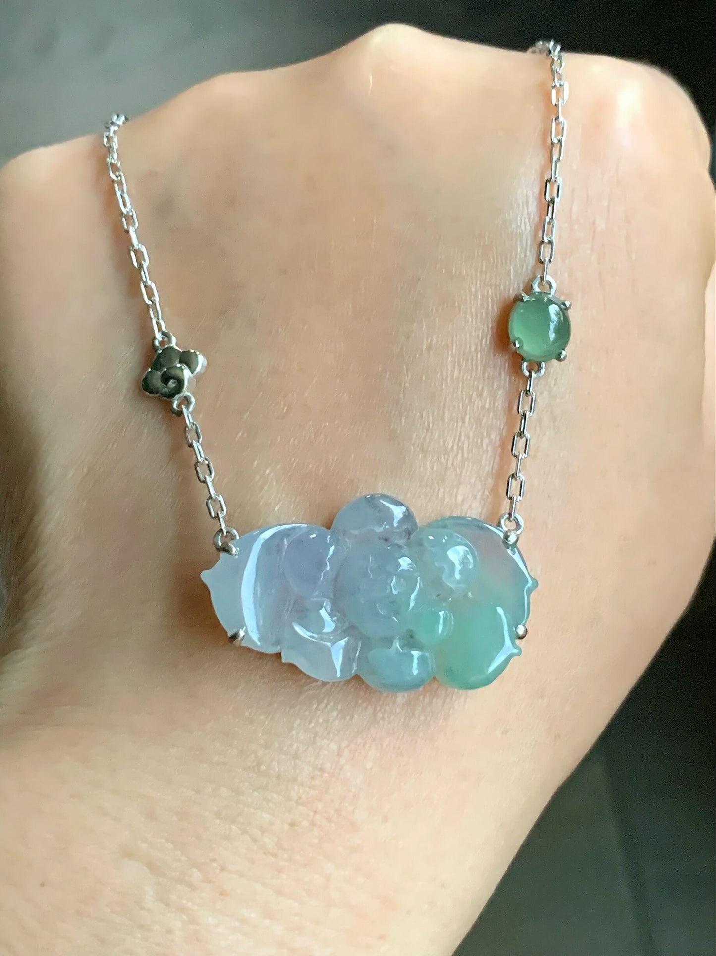 Certified Natural Burmese Grade A Icy Translucent Gelatinous Purple Green Jadeite Lotus Flower Rope Necklace Sterling Silver 天然缅甸冰春彩翡翠莲花锁骨链