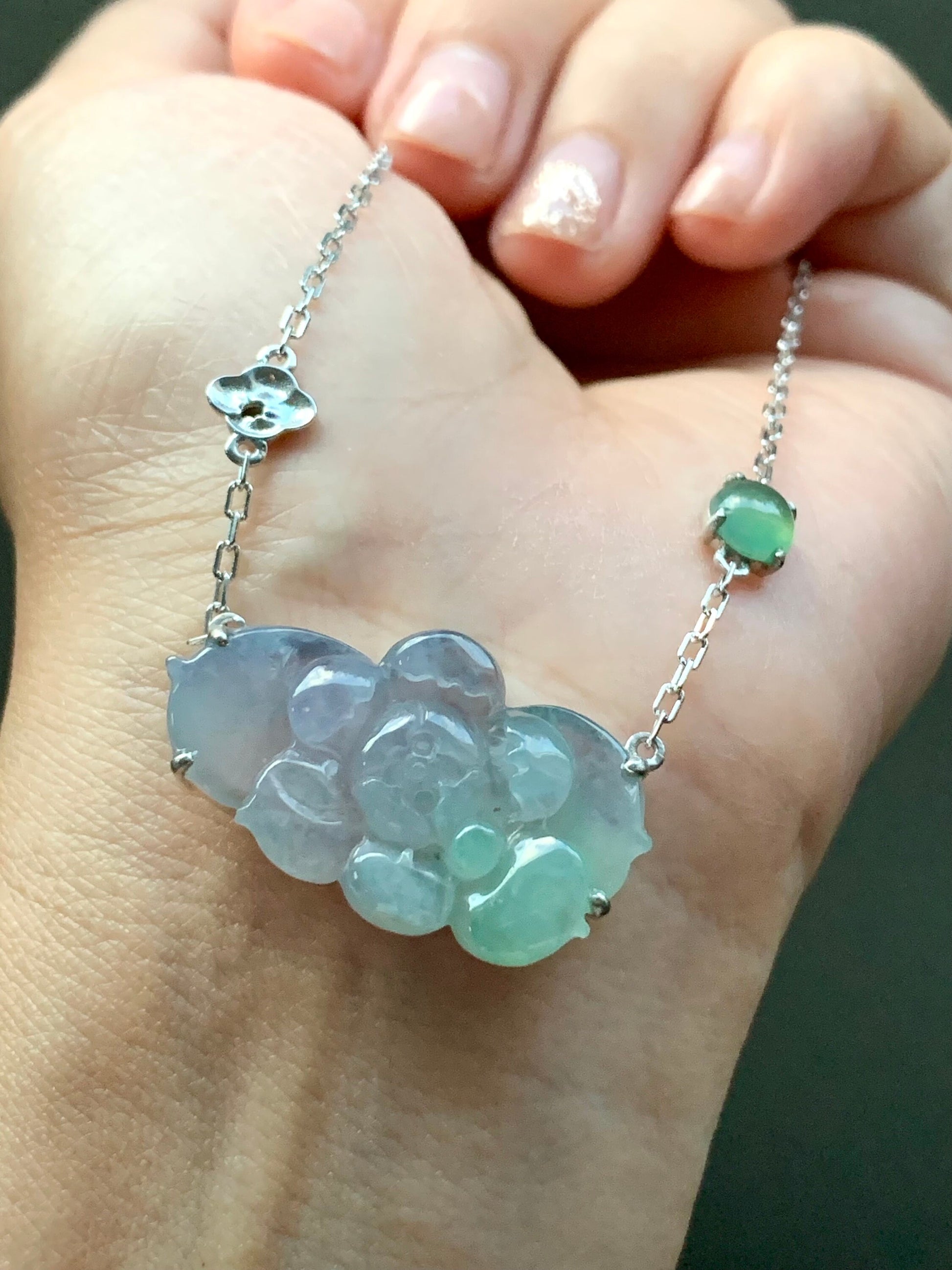 Certified Natural Burmese Grade A Icy Translucent Gelatinous Purple Green Jadeite Lotus Flower Rope Necklace Sterling Silver 天然缅甸冰春彩翡翠莲花锁骨链