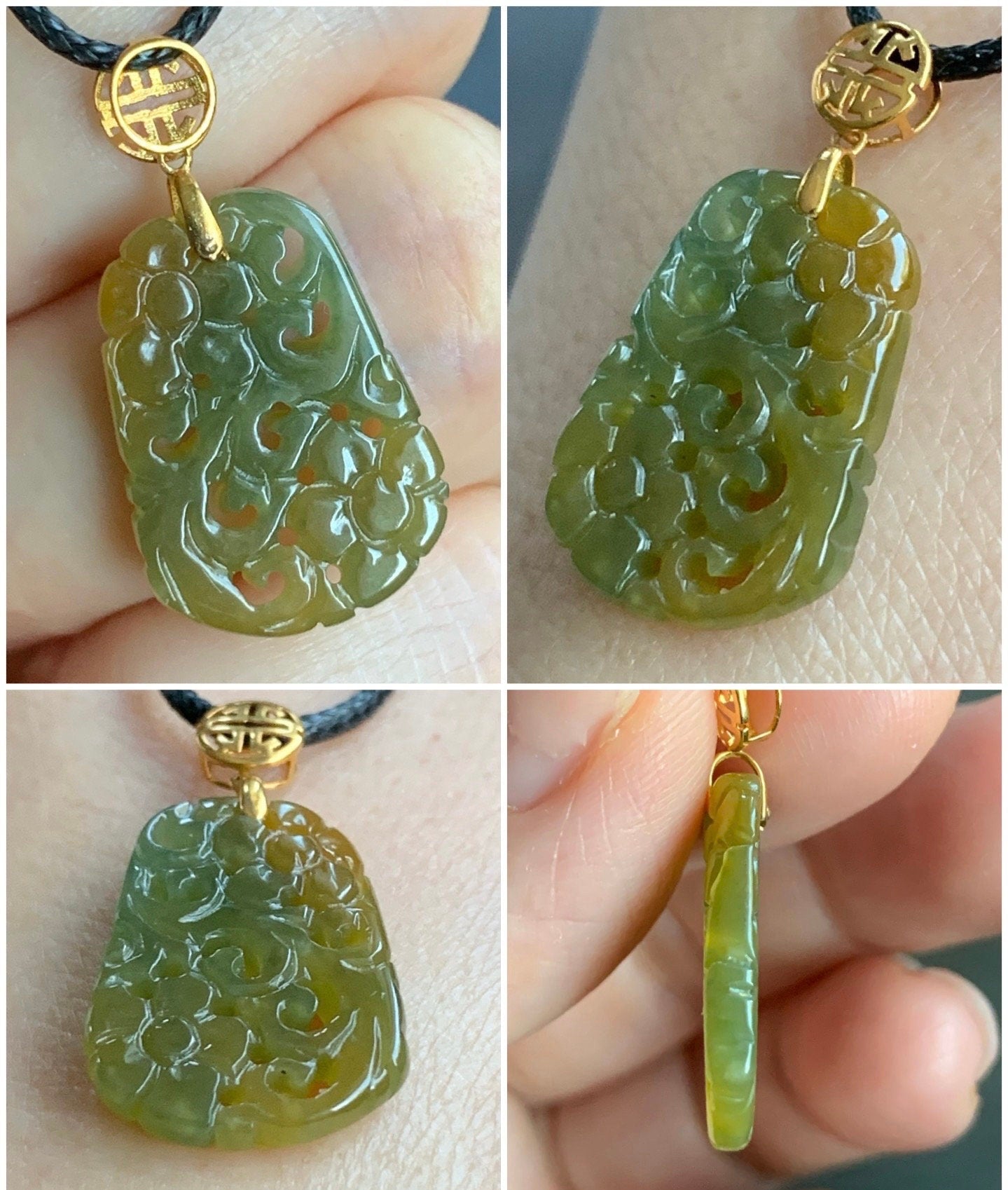 Natural Guatemalan Icy Translucent Bi-Colored Green & Yellow Jadeite Openwork Engraved Retro Design Pendant 18K Yellow Gold 天然冰危黄加绿翡翠仿古镂空雕吊
