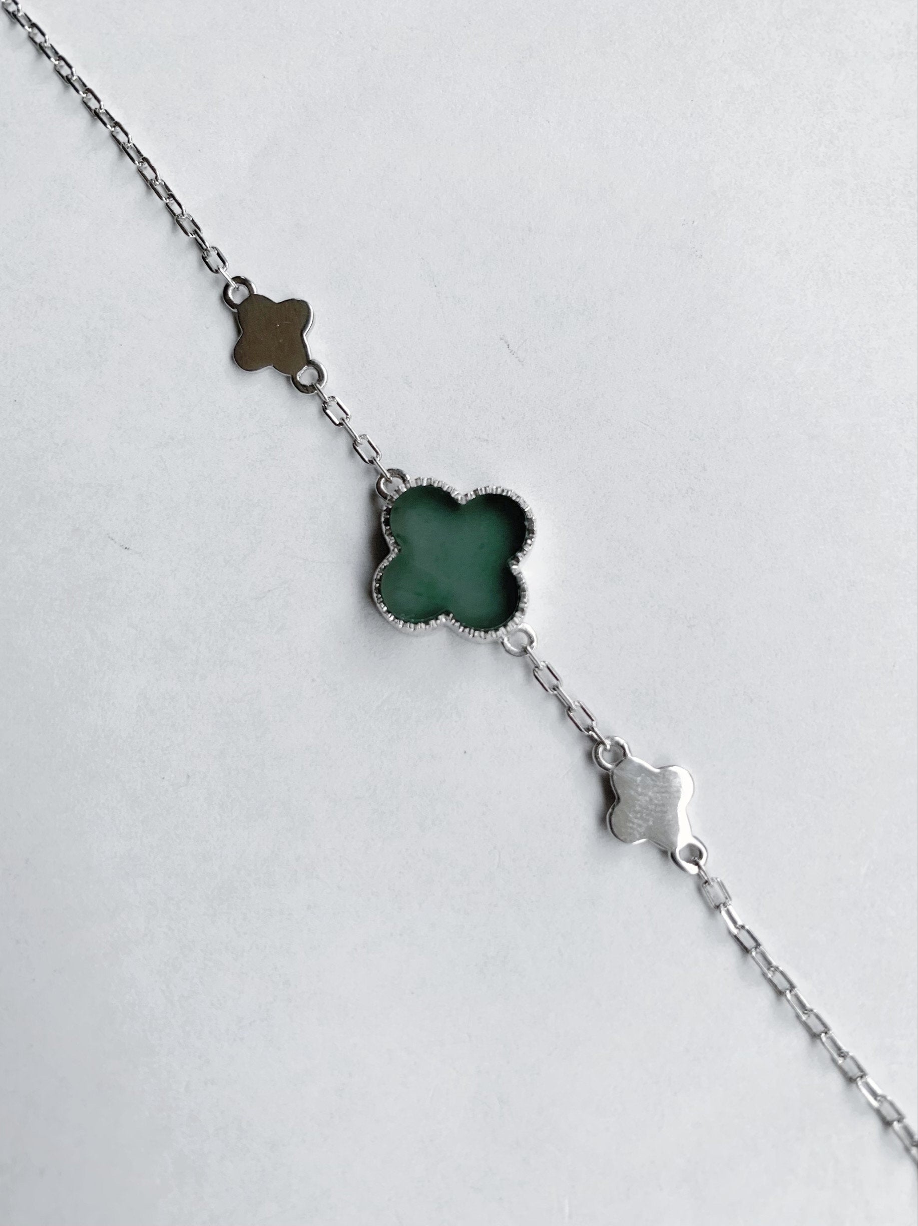 Certified Natural Guatemalan Icy Translucent Teal Green Jadeite Clover Leaf Quatrefoil Design Bracelet Sterling Silver 天然冰危湖水蓝翡翠四叶草银镶手链 1684
