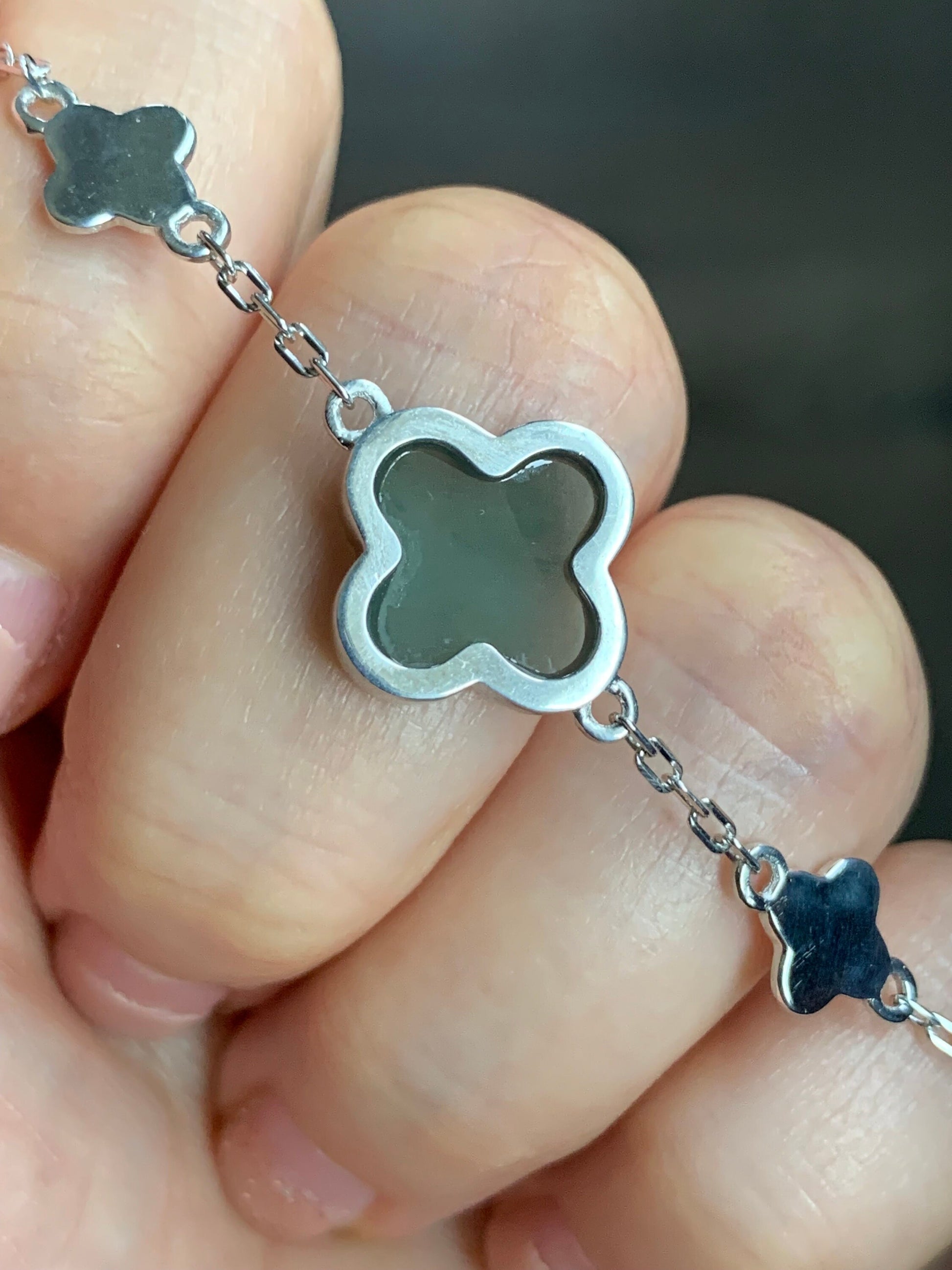 Certified Natural Guatemalan Icy Translucent Teal Green Jadeite Clover Leaf Quatrefoil Design Bracelet Sterling Silver 天然冰危湖水蓝翡翠四叶草银镶手链 1684