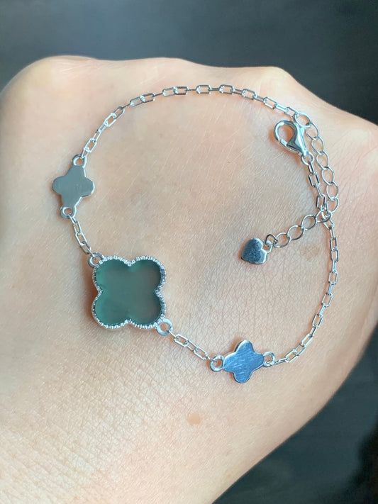 Certified Natural Guatemalan Icy Translucent Teal Green Jadeite Clover Leaf Quatrefoil Design Bracelet Sterling Silver 天然冰危湖水蓝翡翠四叶草银镶手链 1684