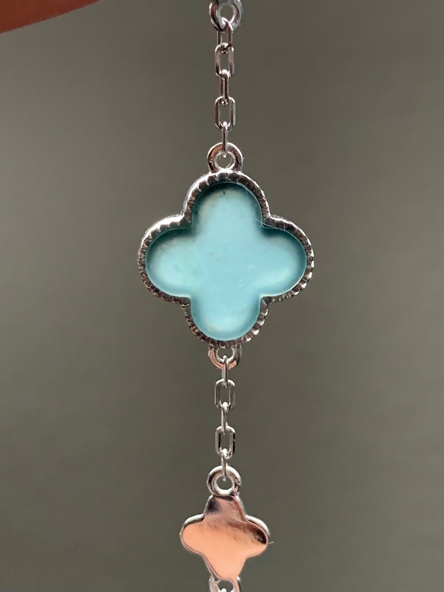 Certified Natural Guatemalan Icy Translucent Teal Green Jadeite Clover Leaf Quatrefoil Design Bracelet Sterling Silver 天然冰危湖水蓝翡翠四叶草银镶手链 1684