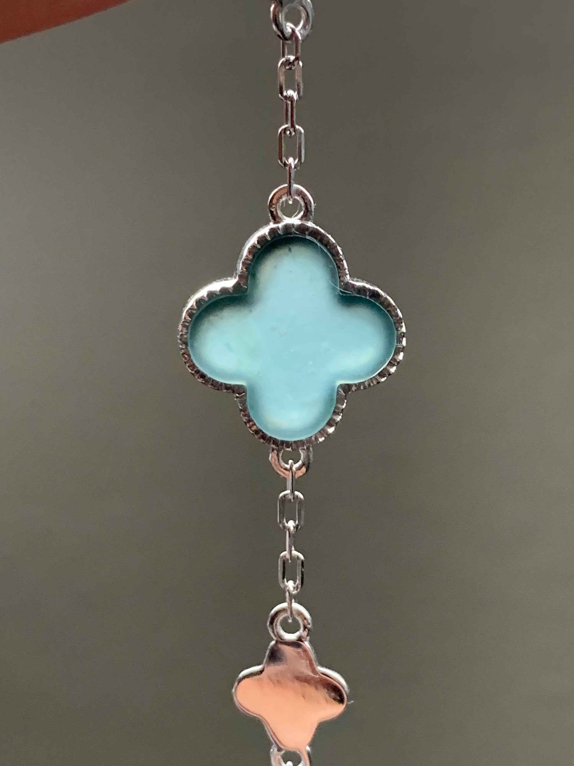 Certified Natural Guatemalan Icy Translucent Teal Green Jadeite Clover Leaf Quatrefoil Design Bracelet Sterling Silver 天然冰危湖水蓝翡翠四叶草银镶手链 1684