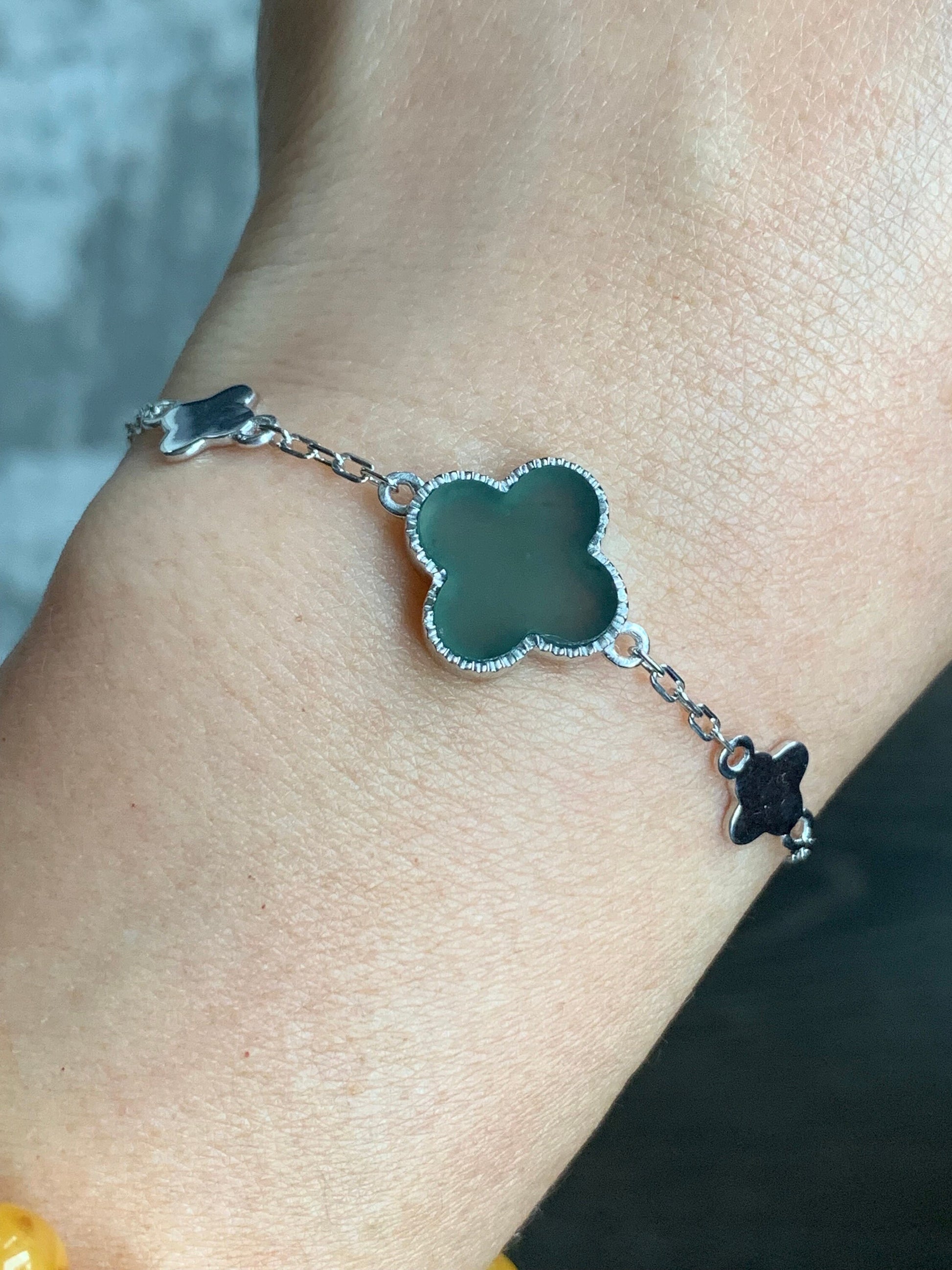 Certified Natural Guatemalan Icy Translucent Teal Green Jadeite Clover Leaf Quatrefoil Design Bracelet Sterling Silver 天然冰危湖水蓝翡翠四叶草银镶手链 1684