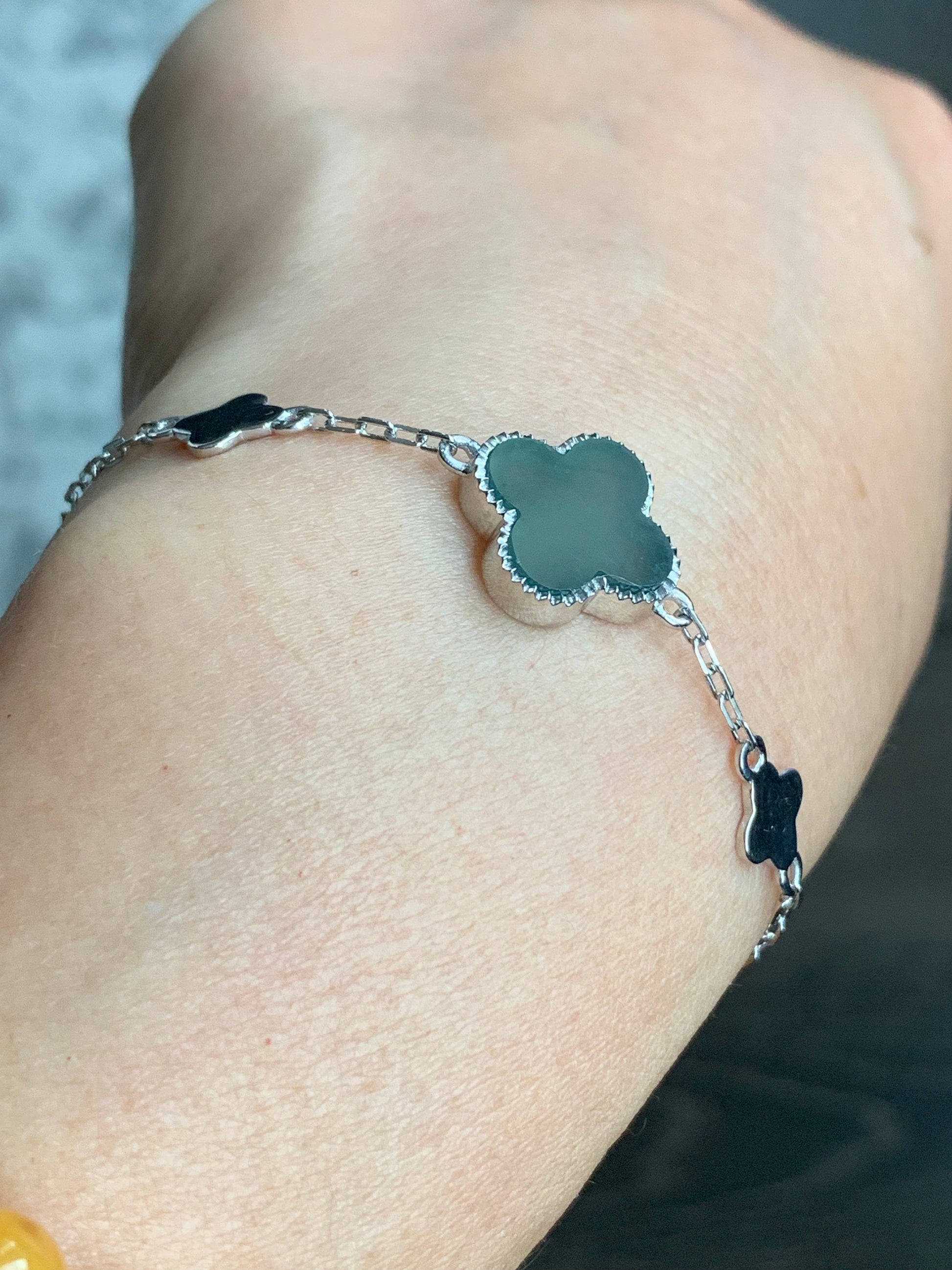 Certified Natural Guatemalan Icy Translucent Teal Green Jadeite Clover Leaf Quatrefoil Design Bracelet Sterling Silver 天然冰危湖水蓝翡翠四叶草银镶手链 1684