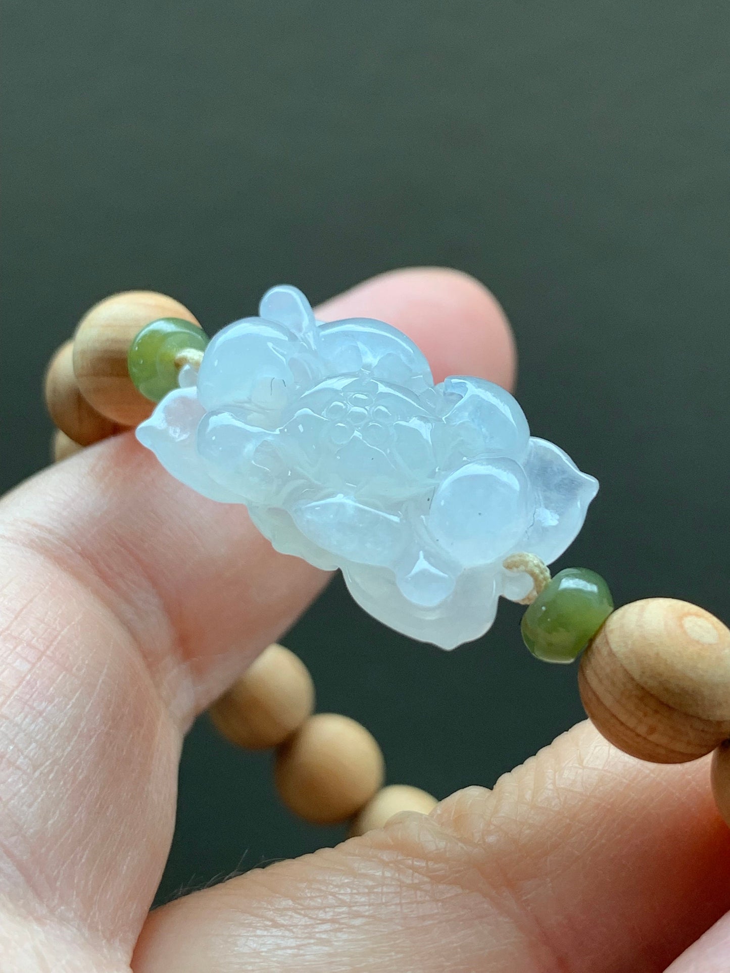 Natural Burmese Icy Translucent Gelatinous White Jadeite Lotus Flower YaBai Wood Beads Beaded Bracelet 6.5” 天然缅甸白冰胶翡翠莲花手牌崖柏木珠手串