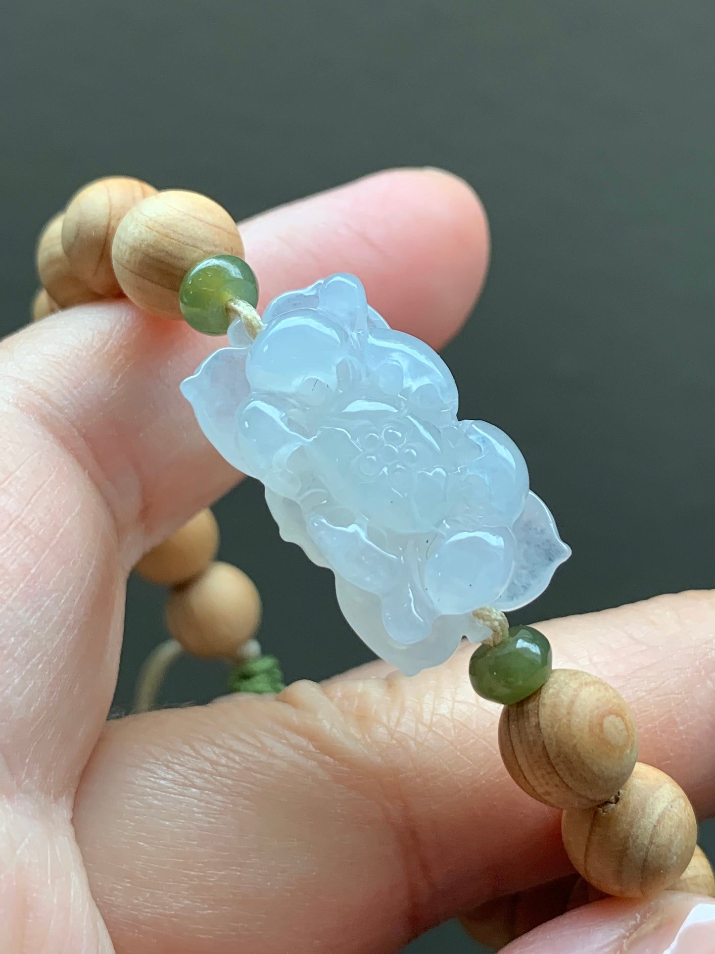 Natural Burmese Icy Translucent Gelatinous White Jadeite Lotus Flower YaBai Wood Beads Beaded Bracelet 6.5” 天然缅甸白冰胶翡翠莲花手牌崖柏木珠手串