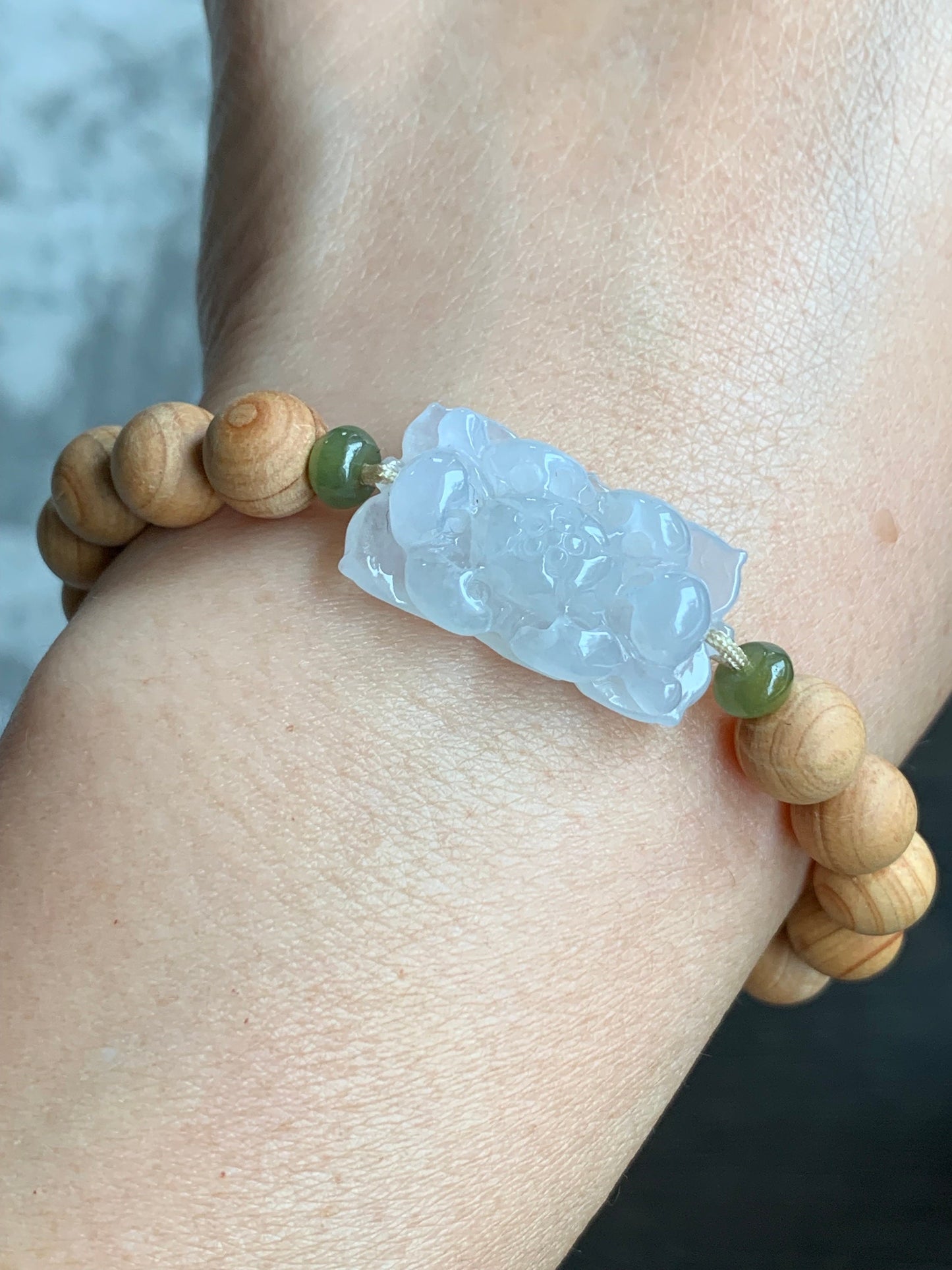 Natural Burmese Icy Translucent Gelatinous White Jadeite Lotus Flower YaBai Wood Beads Beaded Bracelet 6.5” 天然缅甸白冰胶翡翠莲花手牌崖柏木珠手串