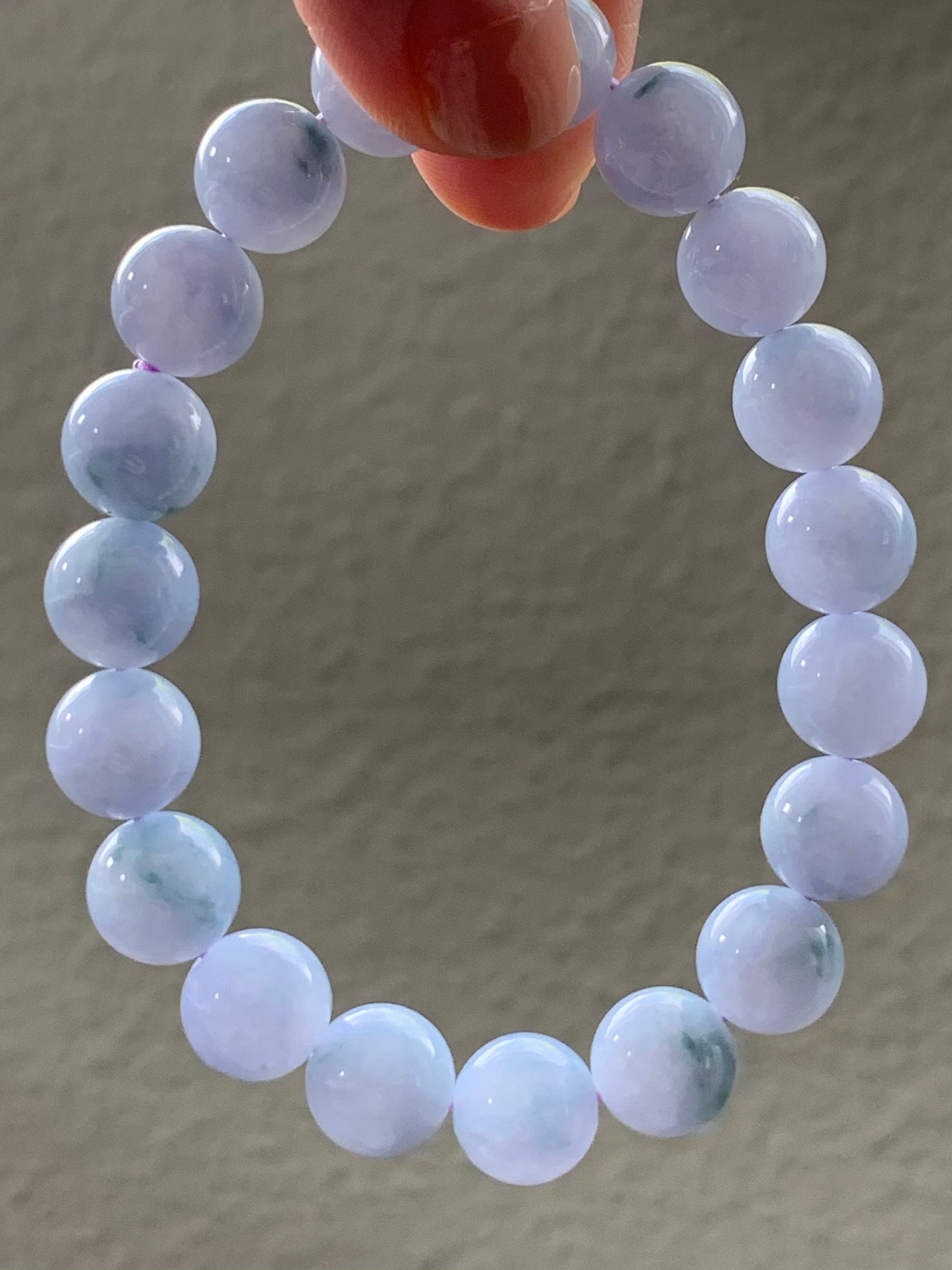 RARE FIND Certified Natural Burmese Icy Translucent Purple Jadeite w/ Green Marbling Beaded Bracelet 10mm 7” 32.3 grams 天然缅甸冰淡紫飘花翡翠大卡手串 3787