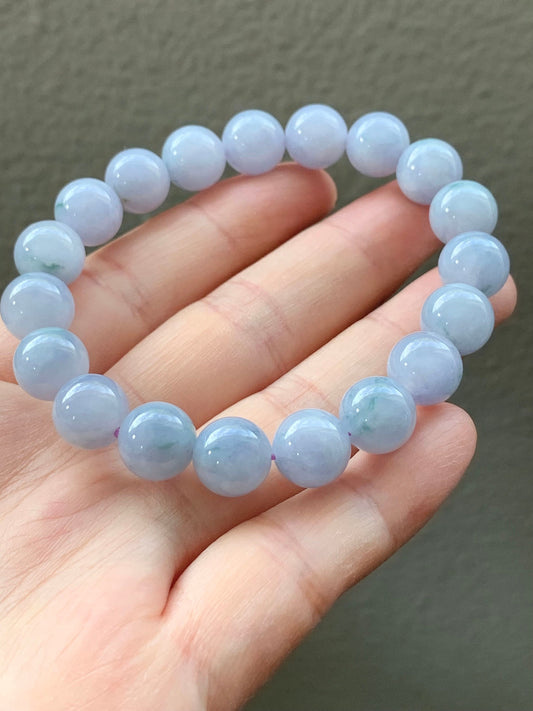 RARE FIND Certified Natural Burmese Icy Translucent Purple Jadeite w/ Green Marbling Beaded Bracelet 10mm 7” 32.3 grams 天然缅甸冰淡紫飘花翡翠大卡手串 3787
