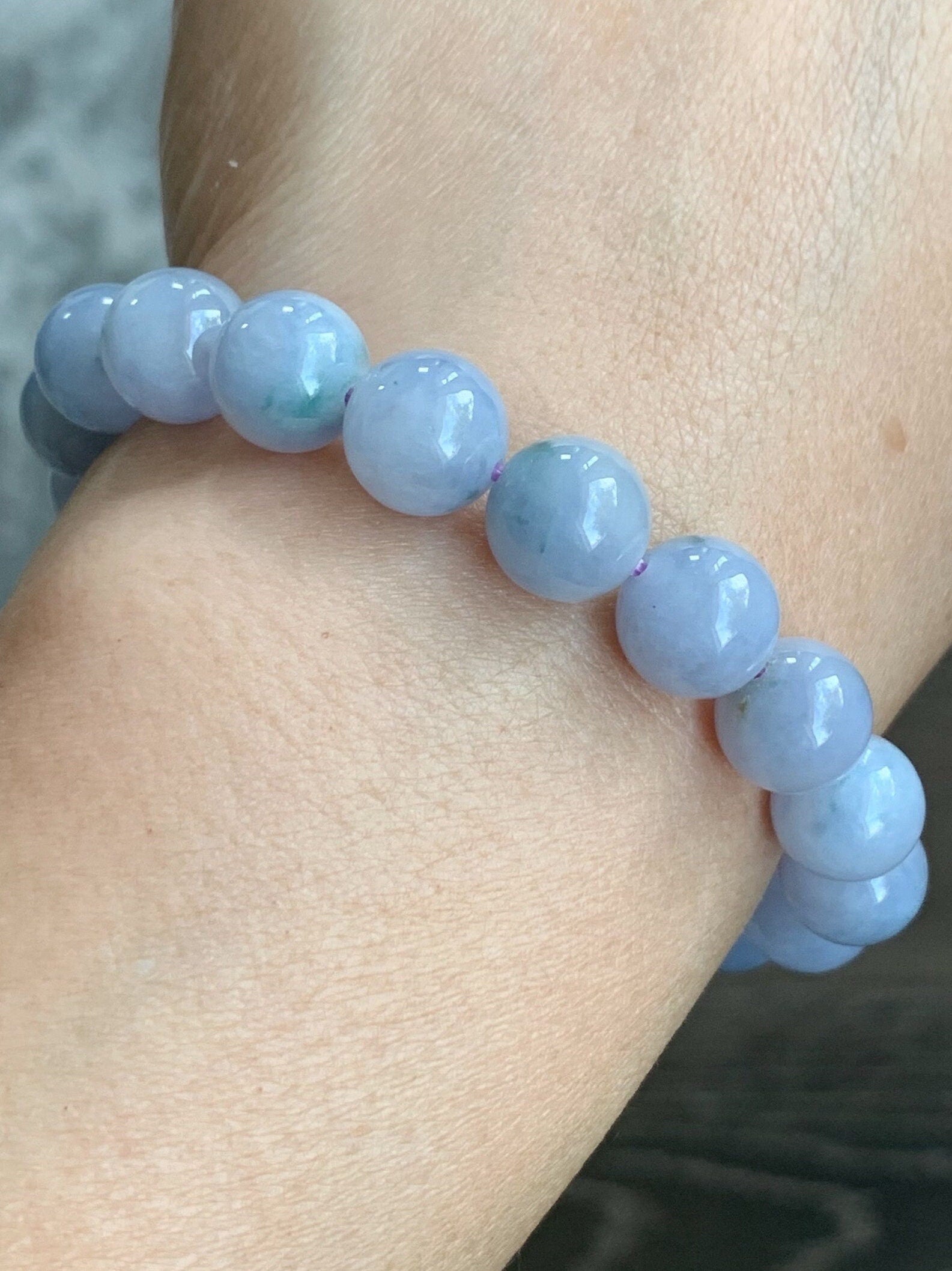 RARE FIND Certified Natural Burmese Icy Translucent Purple Jadeite w/ Green Marbling Beaded Bracelet 10mm 7” 32.3 grams 天然缅甸冰淡紫飘花翡翠大卡手串 3787