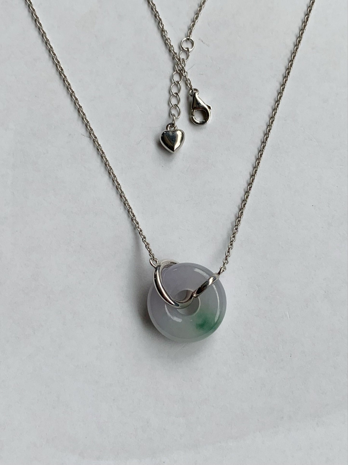 Certified Natural Burmese Translucent Light Purple Jadeite w/ Green Marbling Ping An Kou Necklace Sterling Silver 天然缅甸糯冰淡紫飘花翡翠平安扣锁骨链 1682