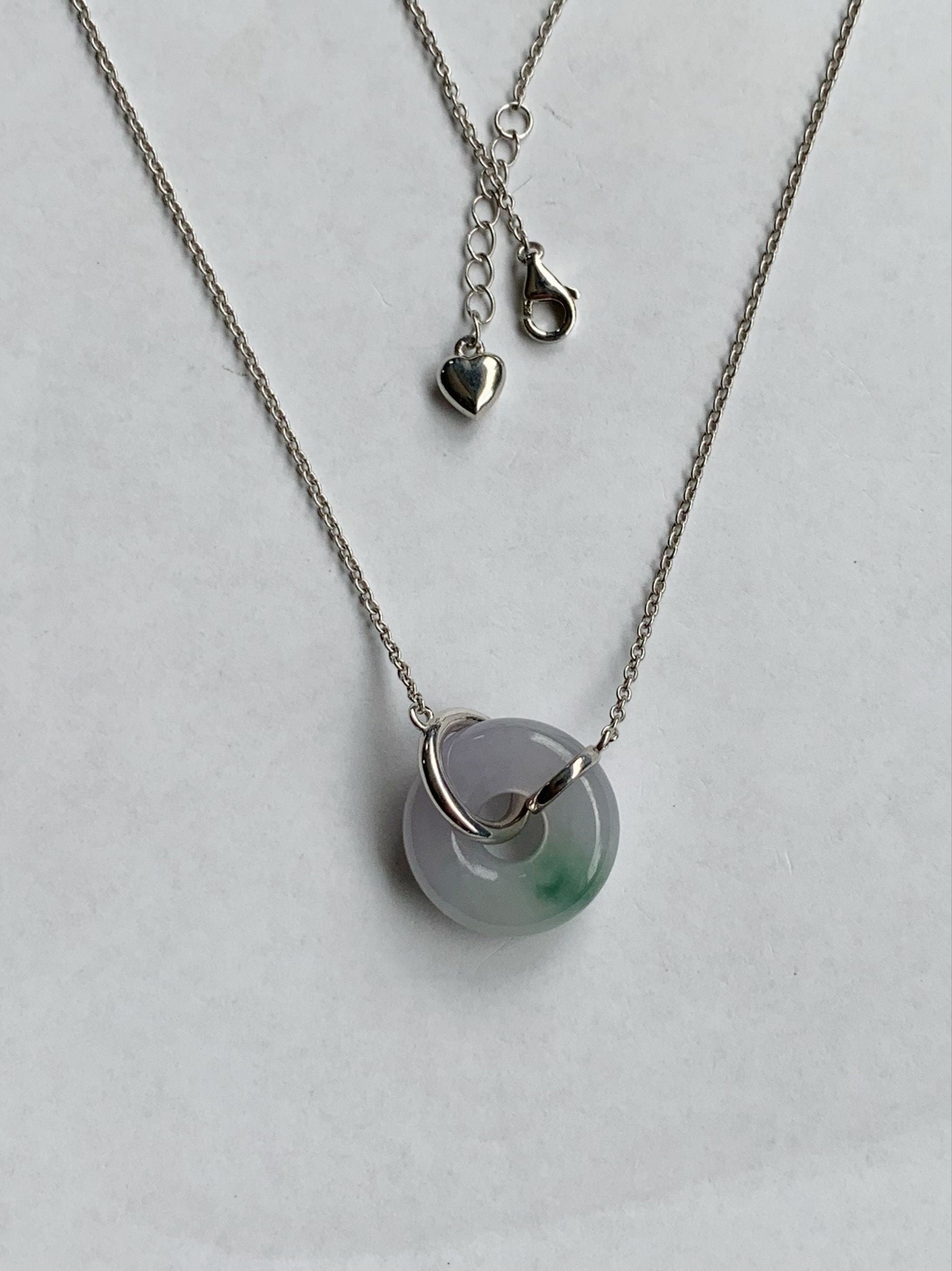 Certified Natural Burmese Translucent Light Purple Jadeite w/ Green Marbling Ping An Kou Necklace Sterling Silver 天然缅甸糯冰淡紫飘花翡翠平安扣锁骨链 1682