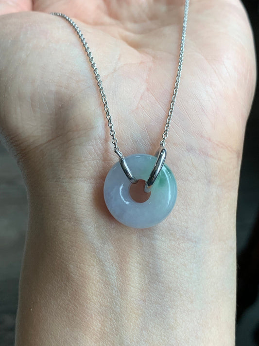 Certified Natural Burmese Translucent Light Purple Jadeite w/ Green Marbling Ping An Kou Necklace Sterling Silver 天然缅甸糯冰淡紫飘花翡翠平安扣锁骨链 1682