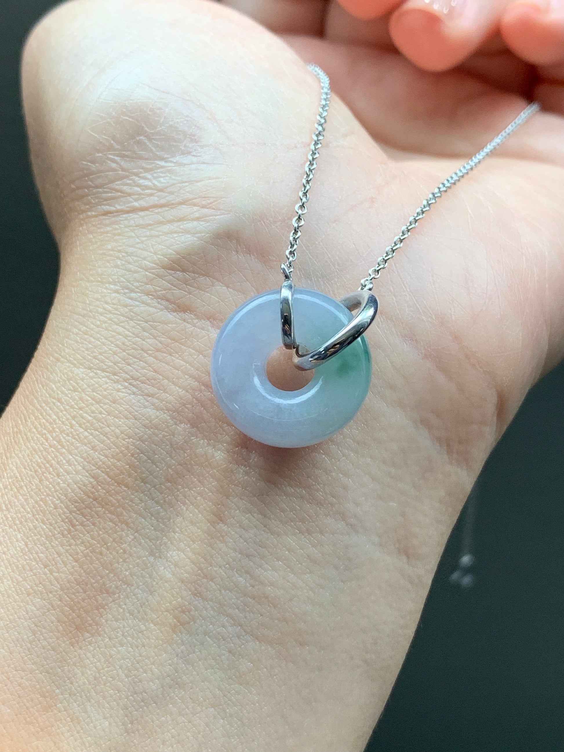 Certified Natural Burmese Translucent Light Purple Jadeite w/ Green Marbling Ping An Kou Necklace Sterling Silver 天然缅甸糯冰淡紫飘花翡翠平安扣锁骨链 1682