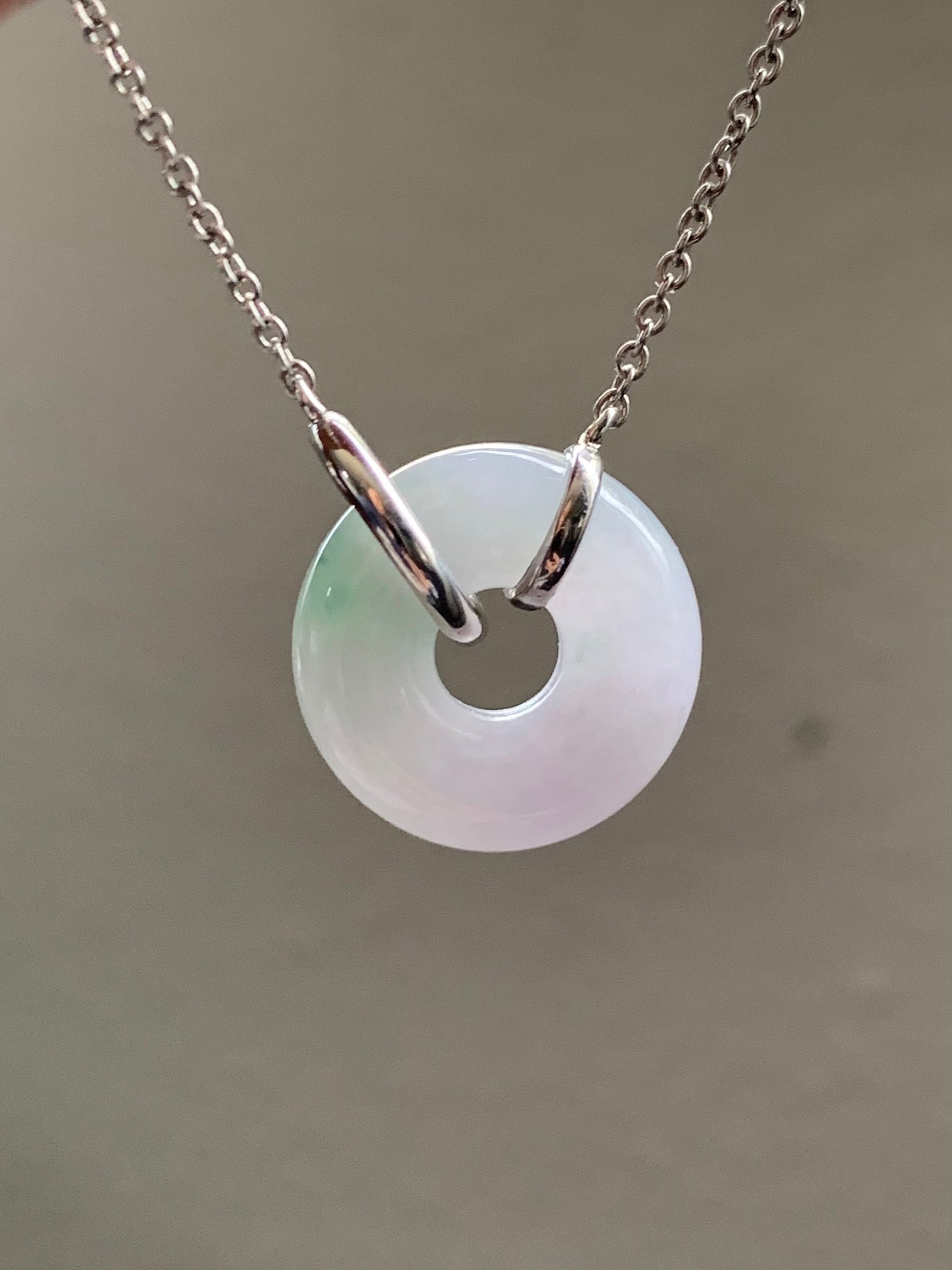 Certified Natural Burmese Translucent Light Purple Jadeite w/ Green Marbling Ping An Kou Necklace Sterling Silver 天然缅甸糯冰淡紫飘花翡翠平安扣锁骨链 1682