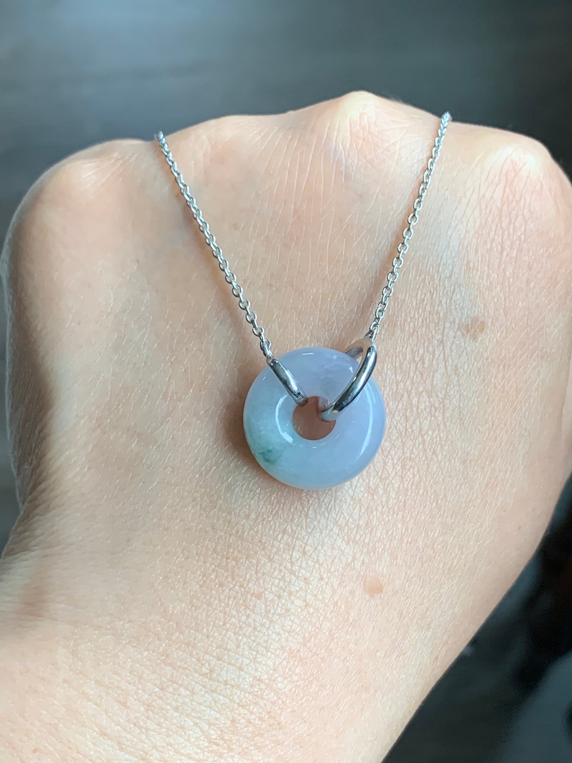 Certified Natural Burmese Translucent Light Purple Jadeite w/ Green Marbling Ping An Kou Necklace Sterling Silver 天然缅甸糯冰淡紫飘花翡翠平安扣锁骨链 1682
