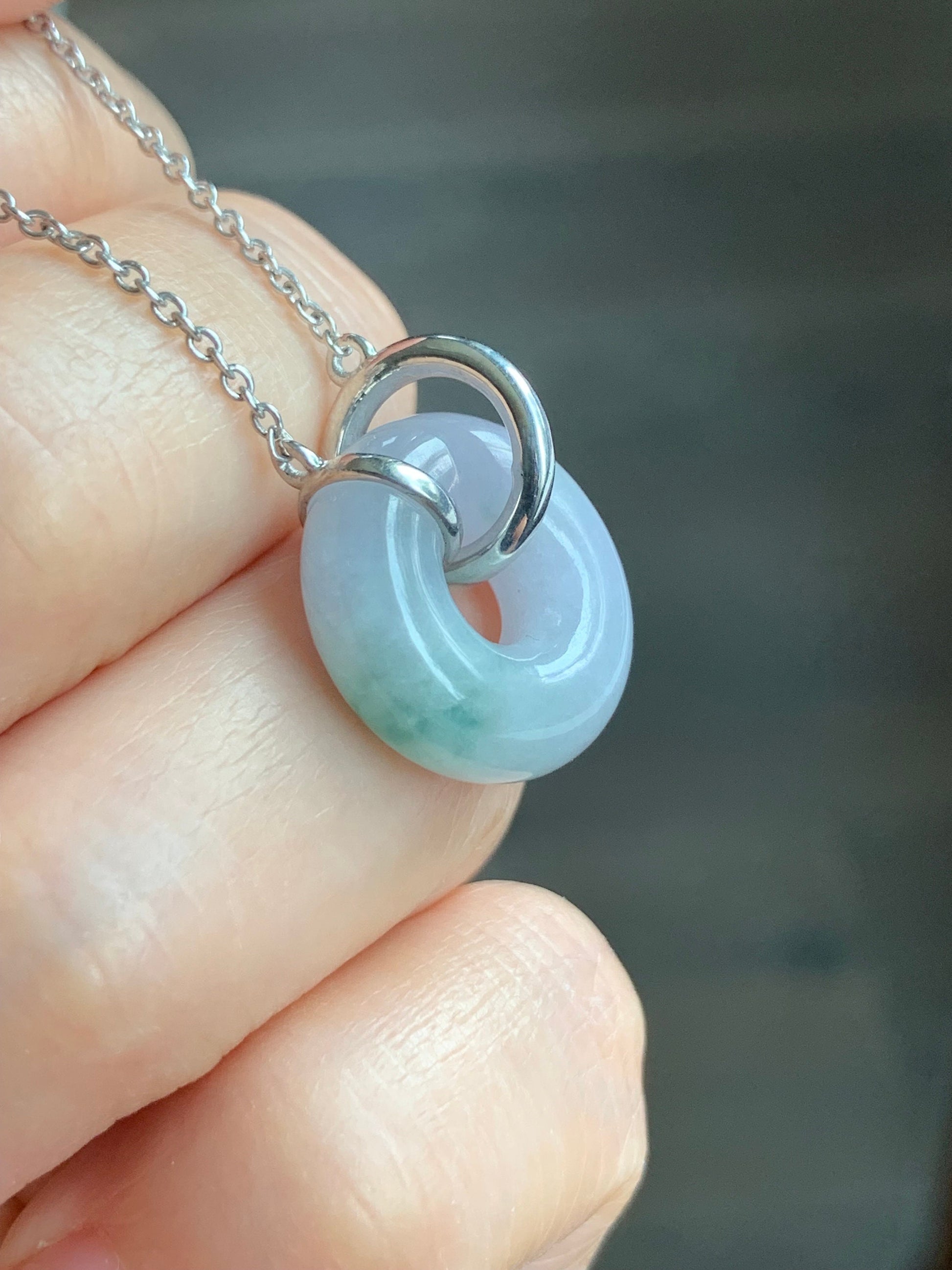 Certified Natural Burmese Translucent Light Purple Jadeite w/ Green Marbling Ping An Kou Necklace Sterling Silver 天然缅甸糯冰淡紫飘花翡翠平安扣锁骨链 1682