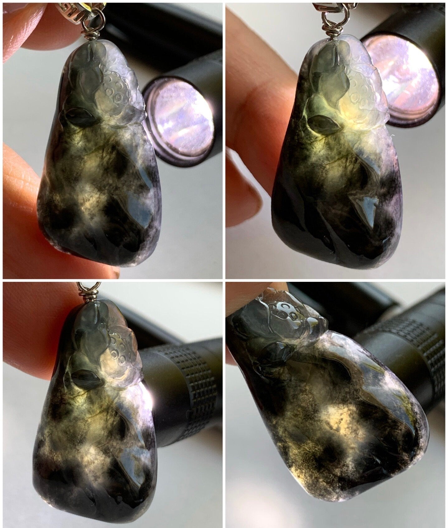 Natural Burmese Icy Highly Translucent Dark Wuj Jadeite Carved Lotus Flower Pendant Sterling Silver Bail 天然缅甸冰胶乌鸡翡翠随形莲花吊坠