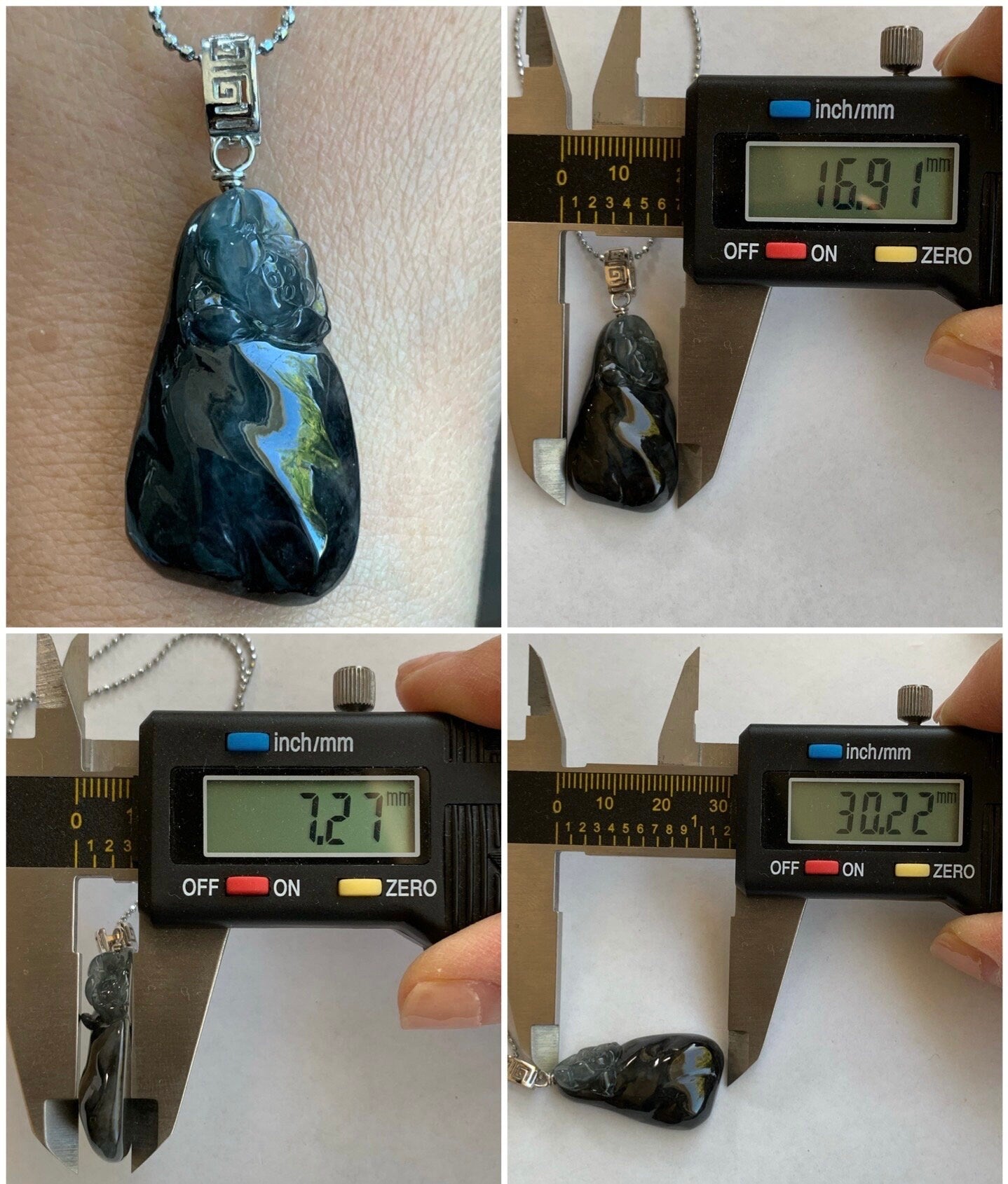 Natural Burmese Icy Highly Translucent Dark Wuj Jadeite Carved Lotus Flower Pendant Sterling Silver Bail 天然缅甸冰胶乌鸡翡翠随形莲花吊坠