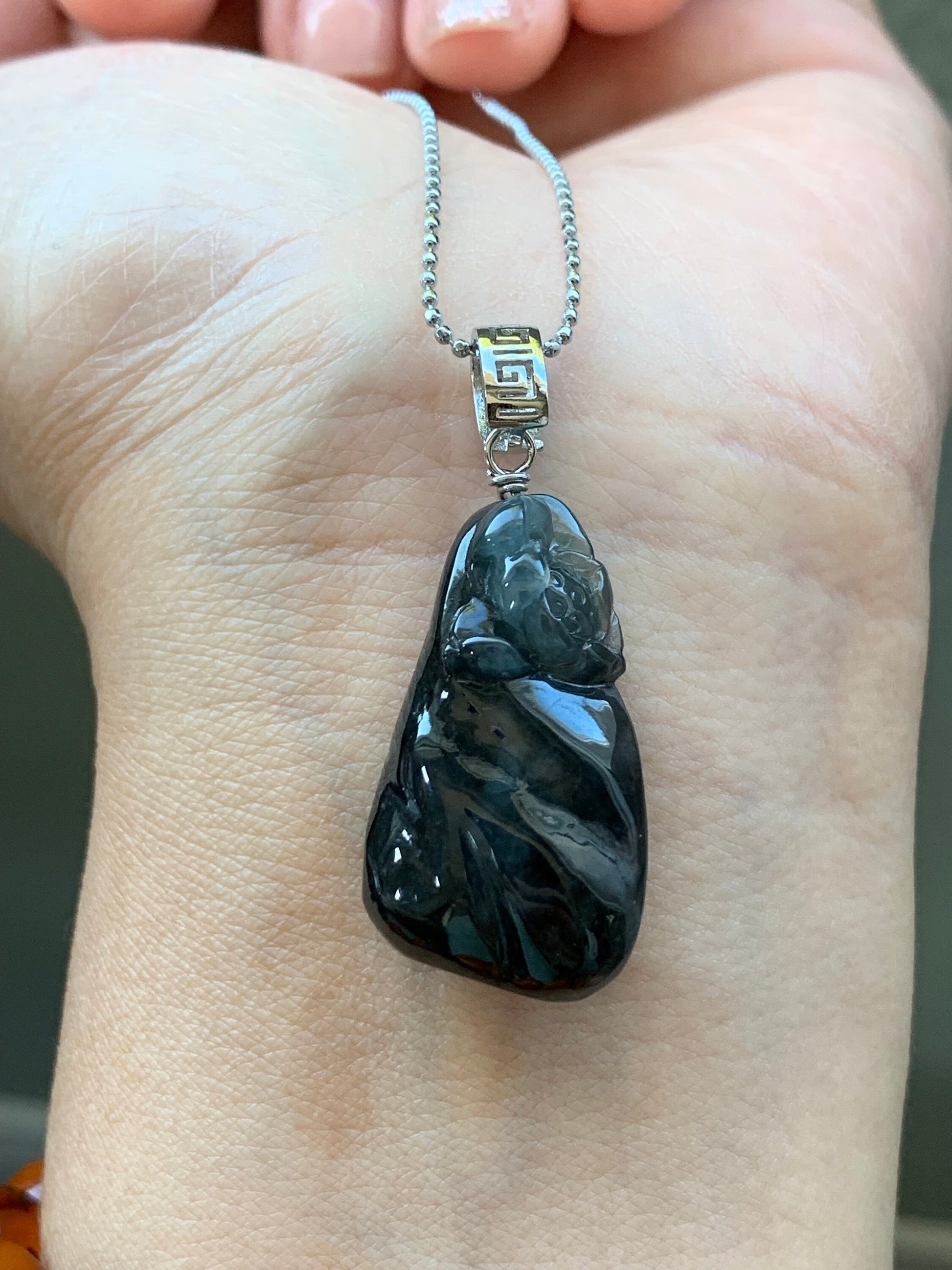 Natural Burmese Icy Highly Translucent Dark Wuj Jadeite Carved Lotus Flower Pendant Sterling Silver Bail 天然缅甸冰胶乌鸡翡翠随形莲花吊坠