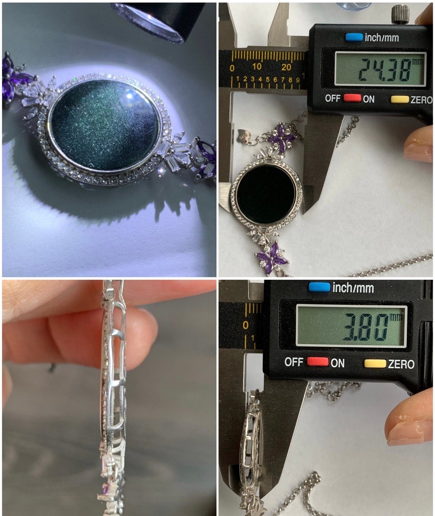 Natural Burmese Translucent Black Jadeite Round Disc Rolo Chain Bracelet S925 Sterling Silver 7-8.5” Adjustable 天然缅甸透绿墨翠圆牌银镶手链
