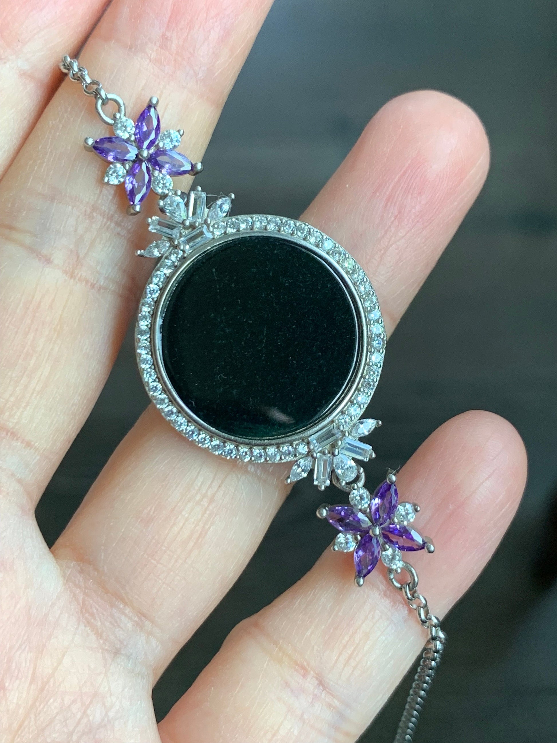 Natural Burmese Translucent Black Jadeite Round Disc Rolo Chain Bracelet S925 Sterling Silver 7-8.5” Adjustable 天然缅甸透绿墨翠圆牌银镶手链