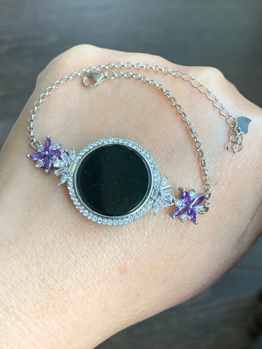 Natural Burmese Translucent Black Jadeite Round Disc Rolo Chain Bracelet S925 Sterling Silver 7-8.5” Adjustable 天然缅甸透绿墨翠圆牌银镶手链
