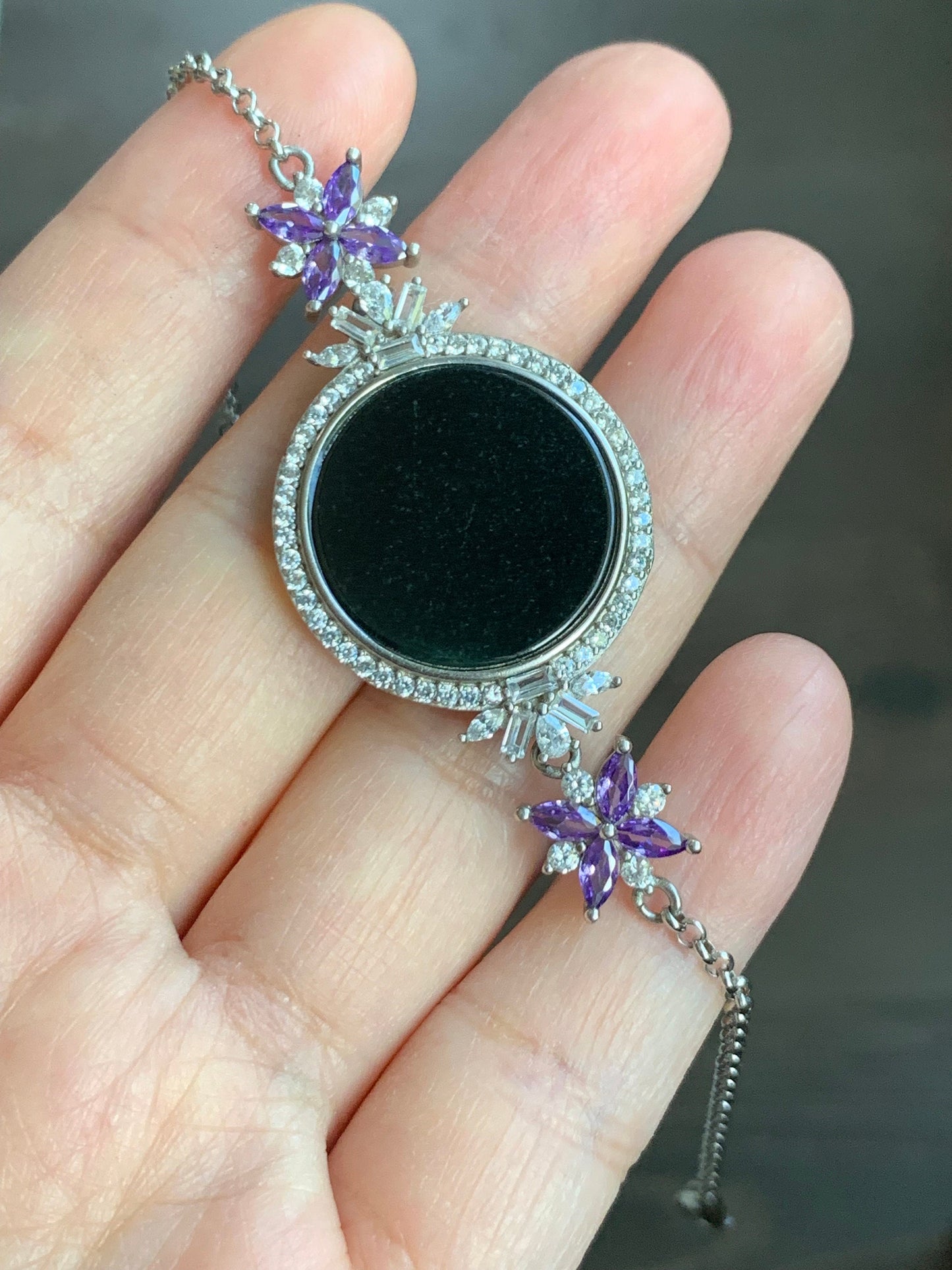 Natural Burmese Translucent Black Jadeite Round Disc Rolo Chain Bracelet S925 Sterling Silver 7-8.5” Adjustable 天然缅甸透绿墨翠圆牌银镶手链