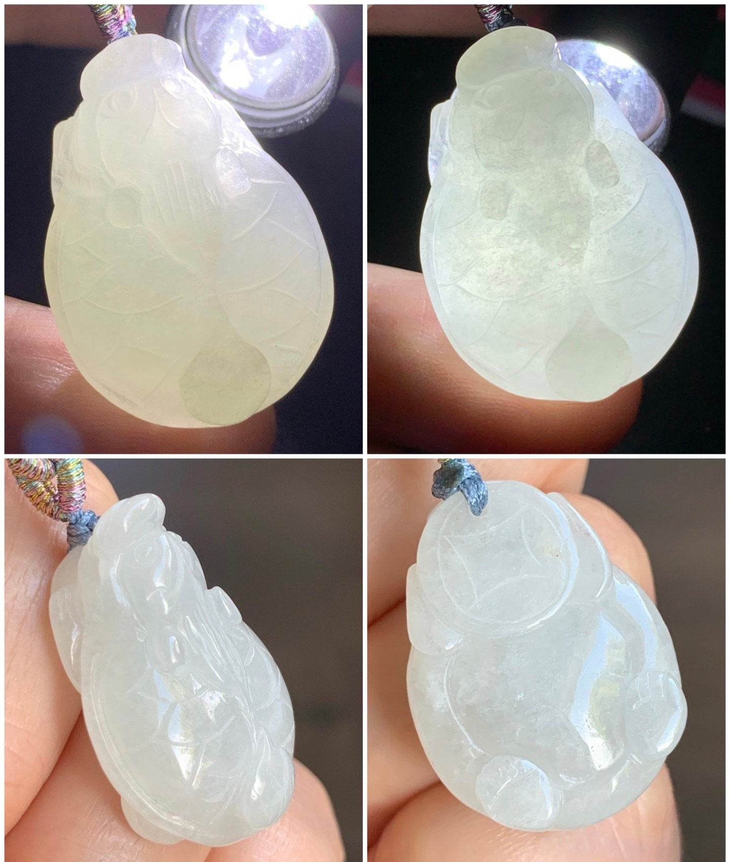 Natural Burmese Icy Pale Light Green Jadeite Carved Dragon Turtle Pendant Rope Necklace 24” Adjustable 天然缅甸白糯冰翡翠精工龙龟吊坠