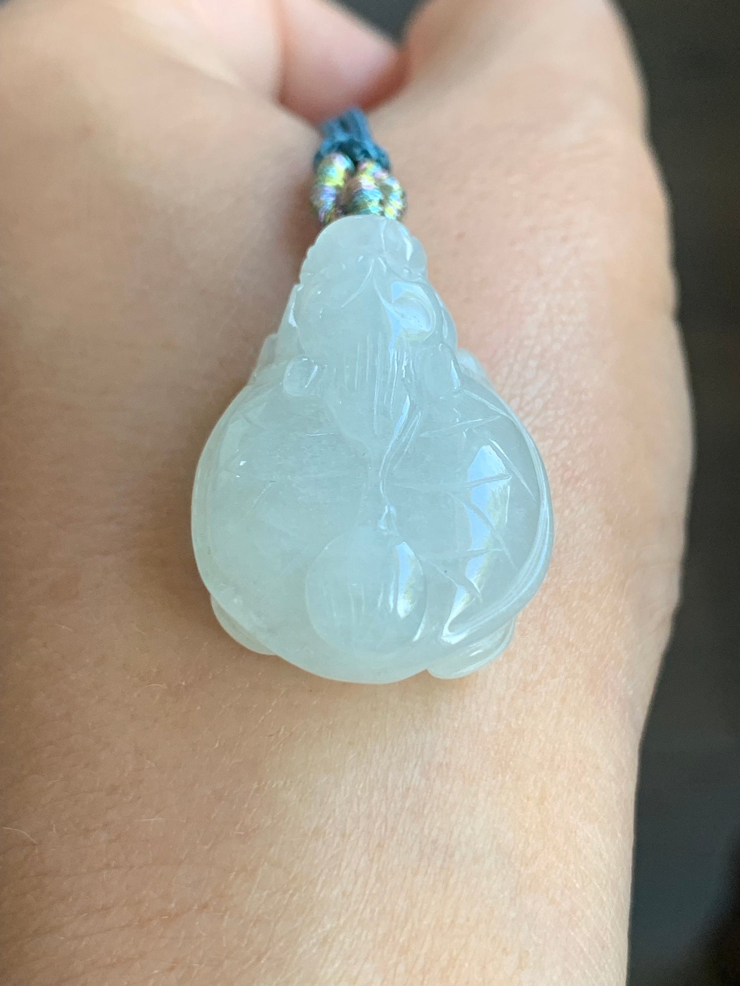 Natural Burmese Icy Pale Light Green Jadeite Carved Dragon Turtle Pendant Rope Necklace 24” Adjustable 天然缅甸白糯冰翡翠精工龙龟吊坠