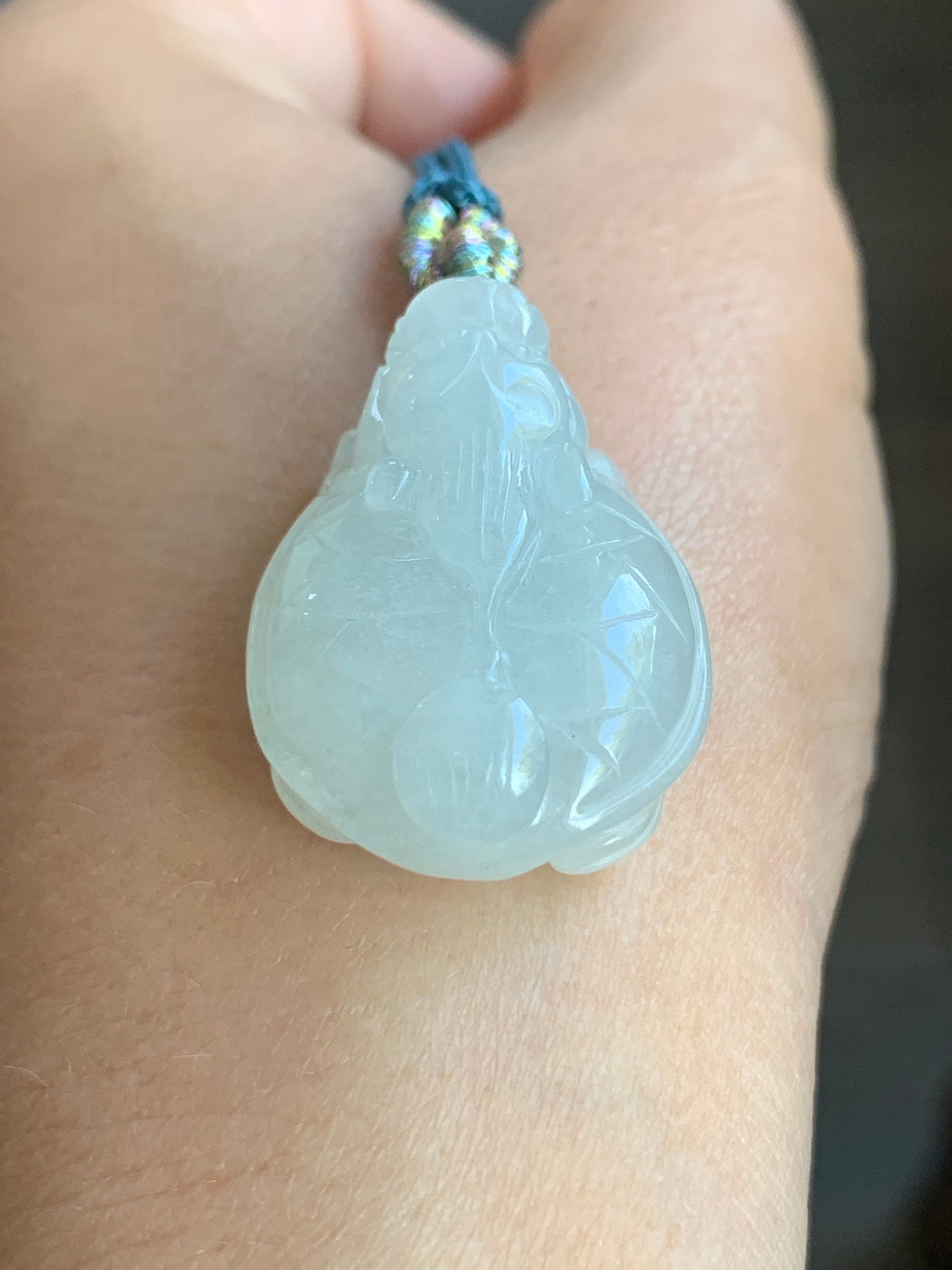 Natural Burmese Icy Pale Light Green Jadeite Carved Dragon Turtle Pendant Rope Necklace 24” Adjustable 天然缅甸白糯冰翡翠精工龙龟吊坠