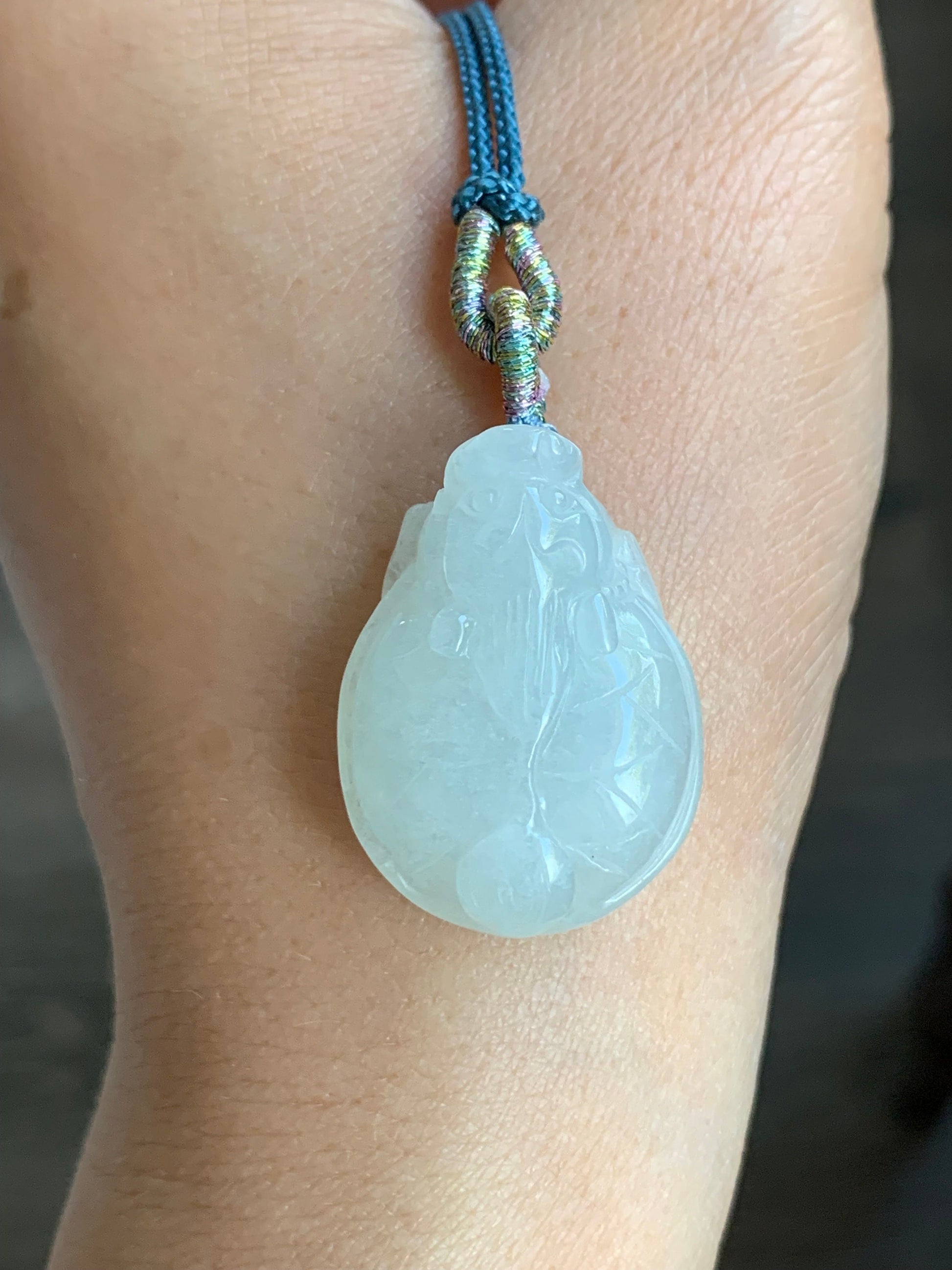 Natural Burmese Icy Pale Light Green Jadeite Carved Dragon Turtle Pendant Rope Necklace 24” Adjustable 天然缅甸白糯冰翡翠精工龙龟吊坠