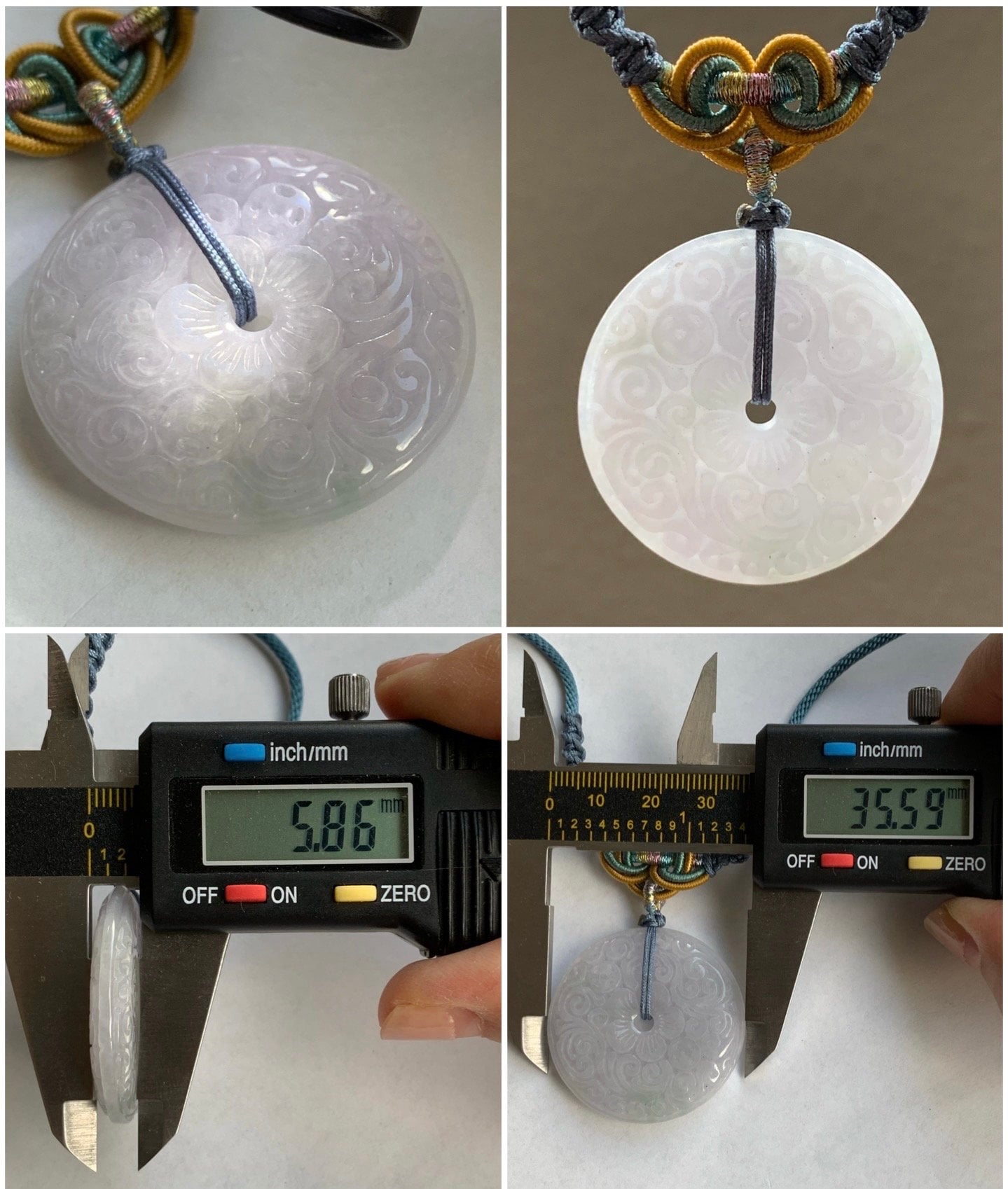 Large Natural Burmese Icy Light Purple Jadeite Retro Engraved Ping An Kou Donut Pendant Rope Necklace 26” Adjustable 天然缅甸冰糯淡紫翡翠平安扣吊坠项链 B