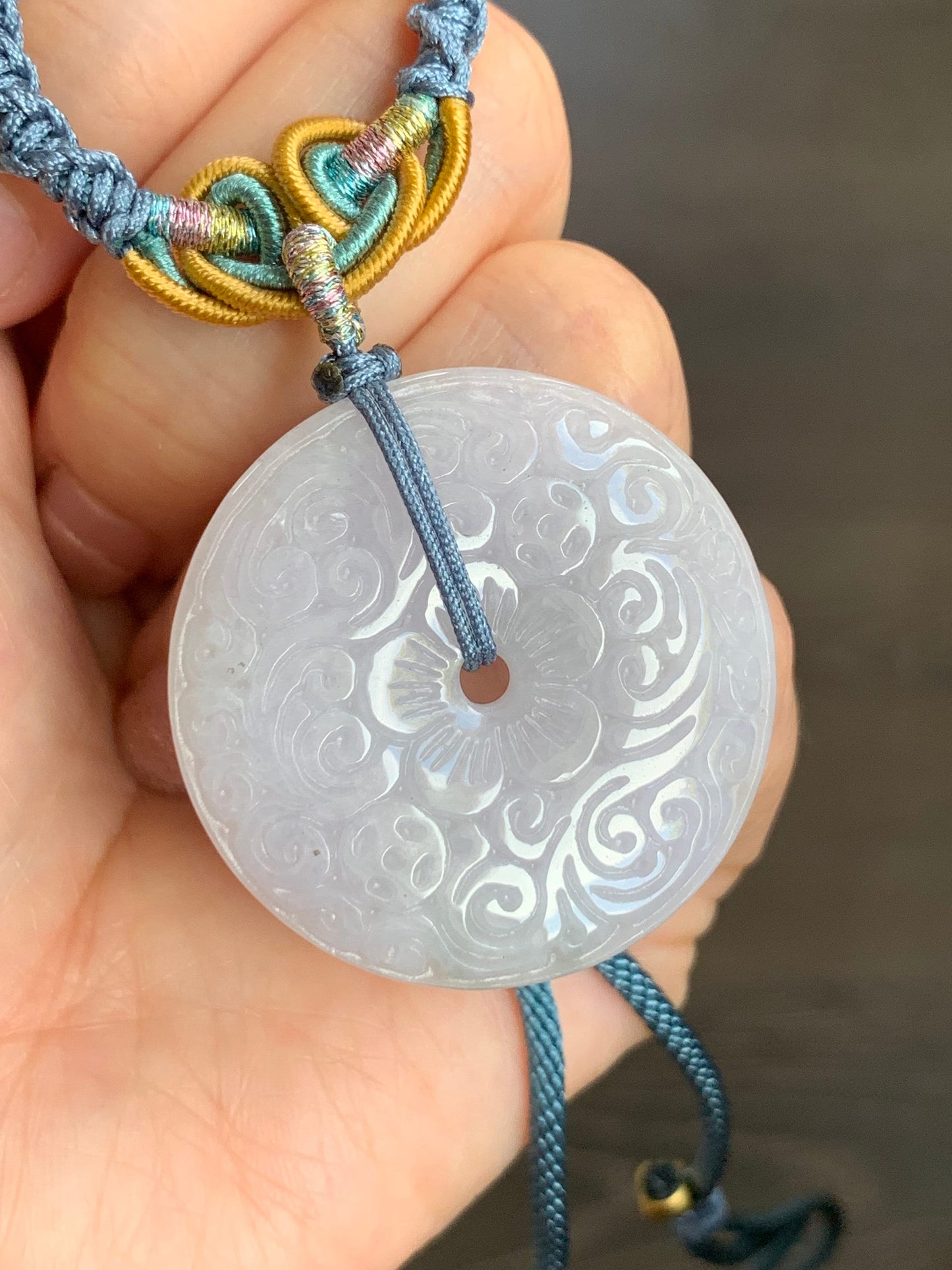 Large Natural Burmese Icy Light Purple Jadeite Retro Engraved Ping An Kou Donut Pendant Rope Necklace 26” Adjustable 天然缅甸冰糯淡紫翡翠平安扣吊坠项链 B